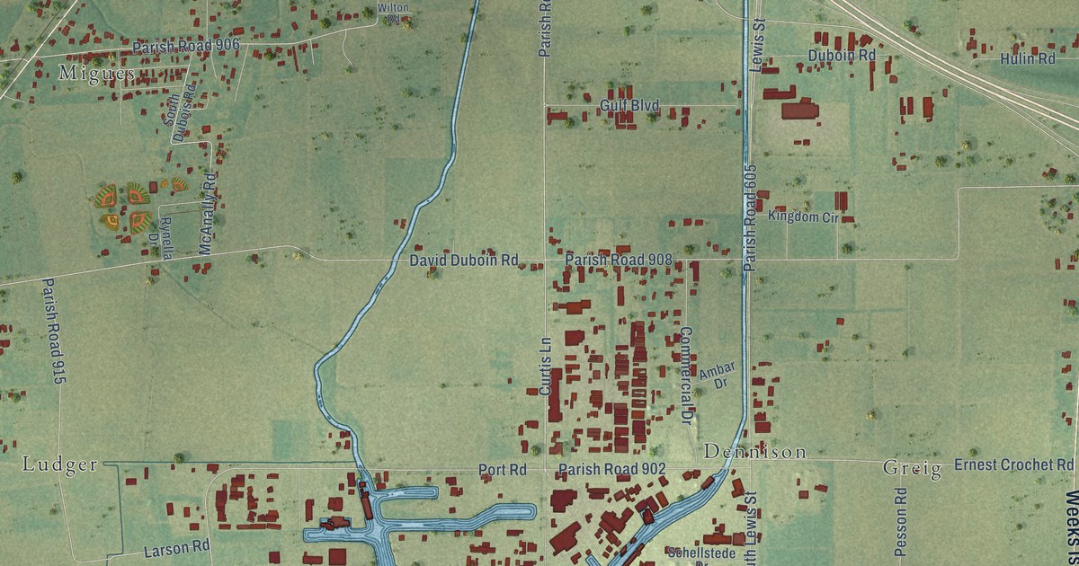 Close-up of streets and buildings in Pesson, Louisiana