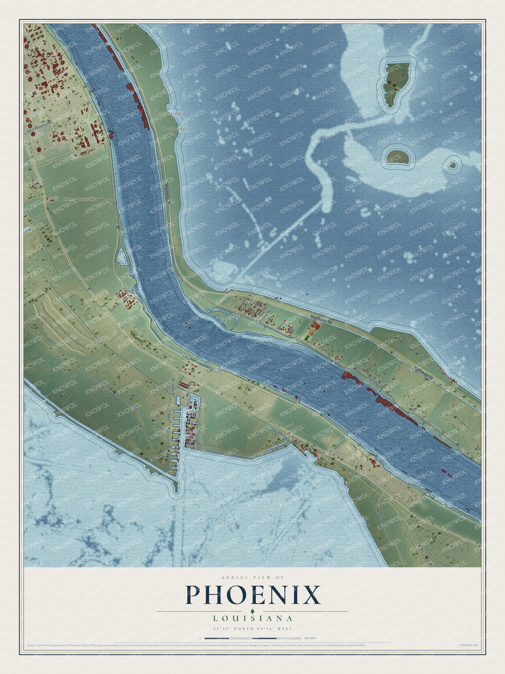 Full map of Phoenix, Louisiana, with red buildings, printed street names and the land around them