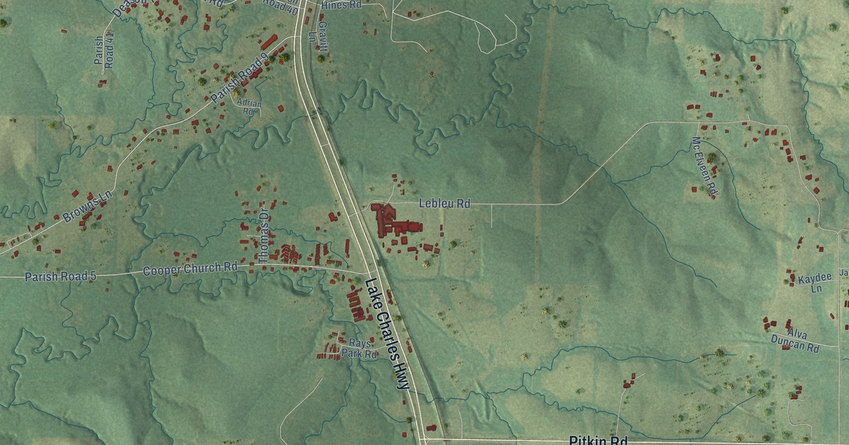 Close-up of streets and buildings in Pickering, Louisiana