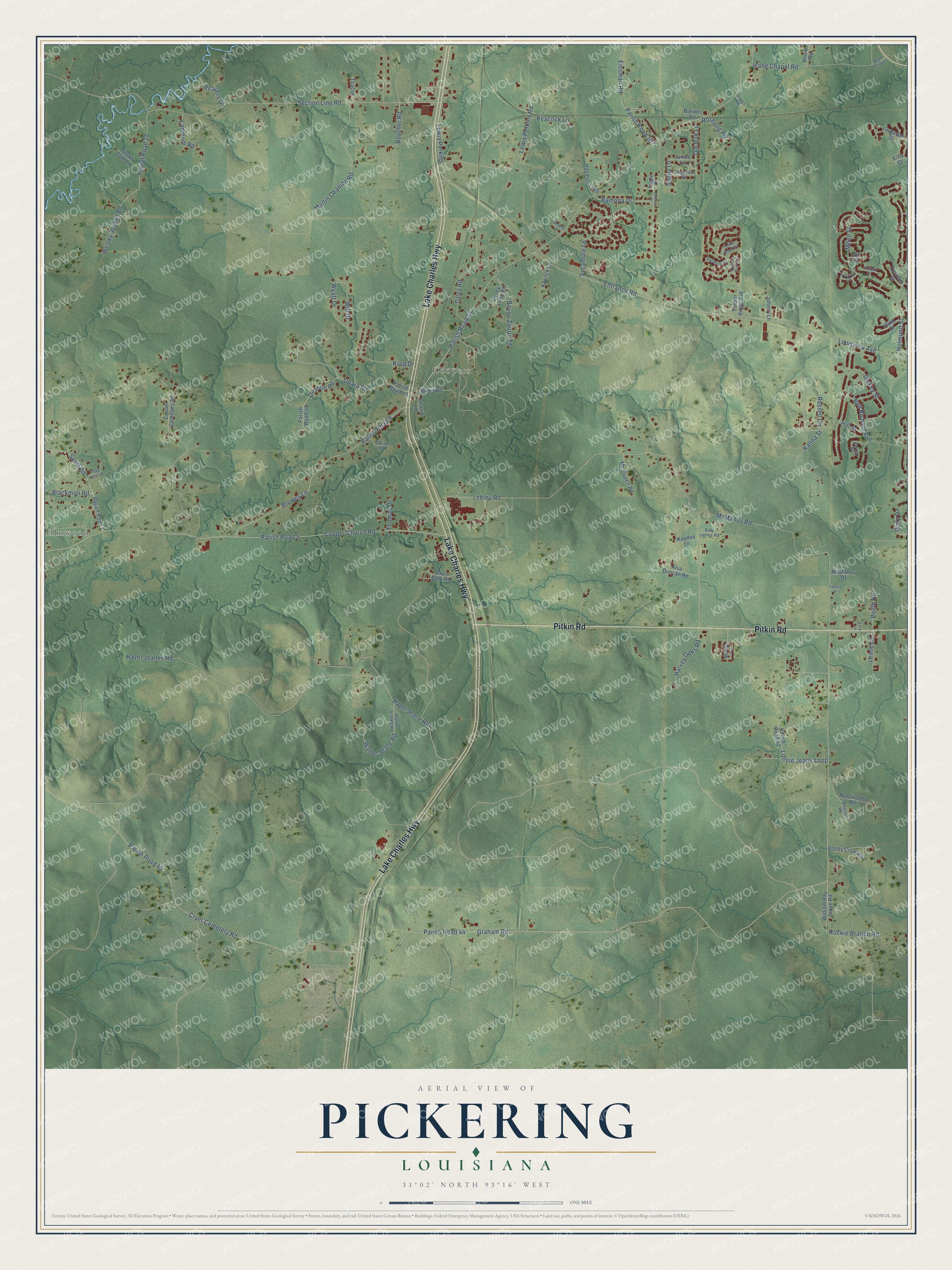 Full map of Pickering, Louisiana, with red buildings, printed street names and the land around them