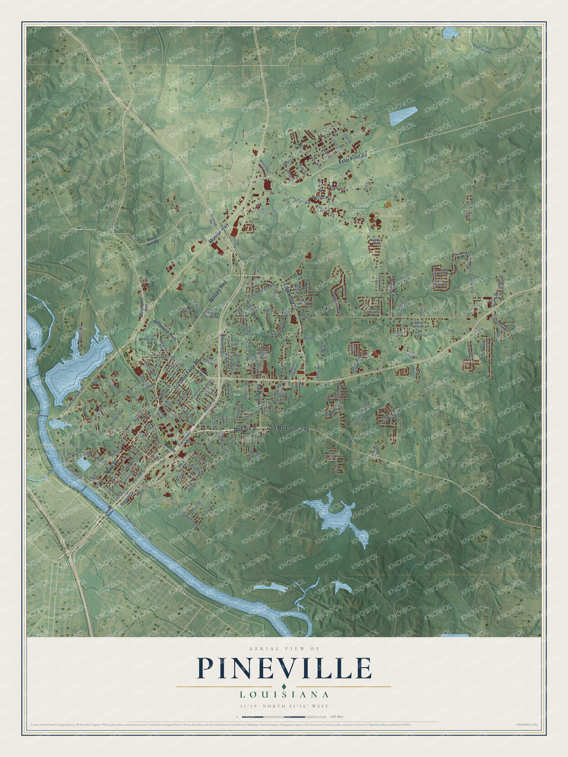 Full map of Pineville, Louisiana, with red buildings, printed street names and the land around them