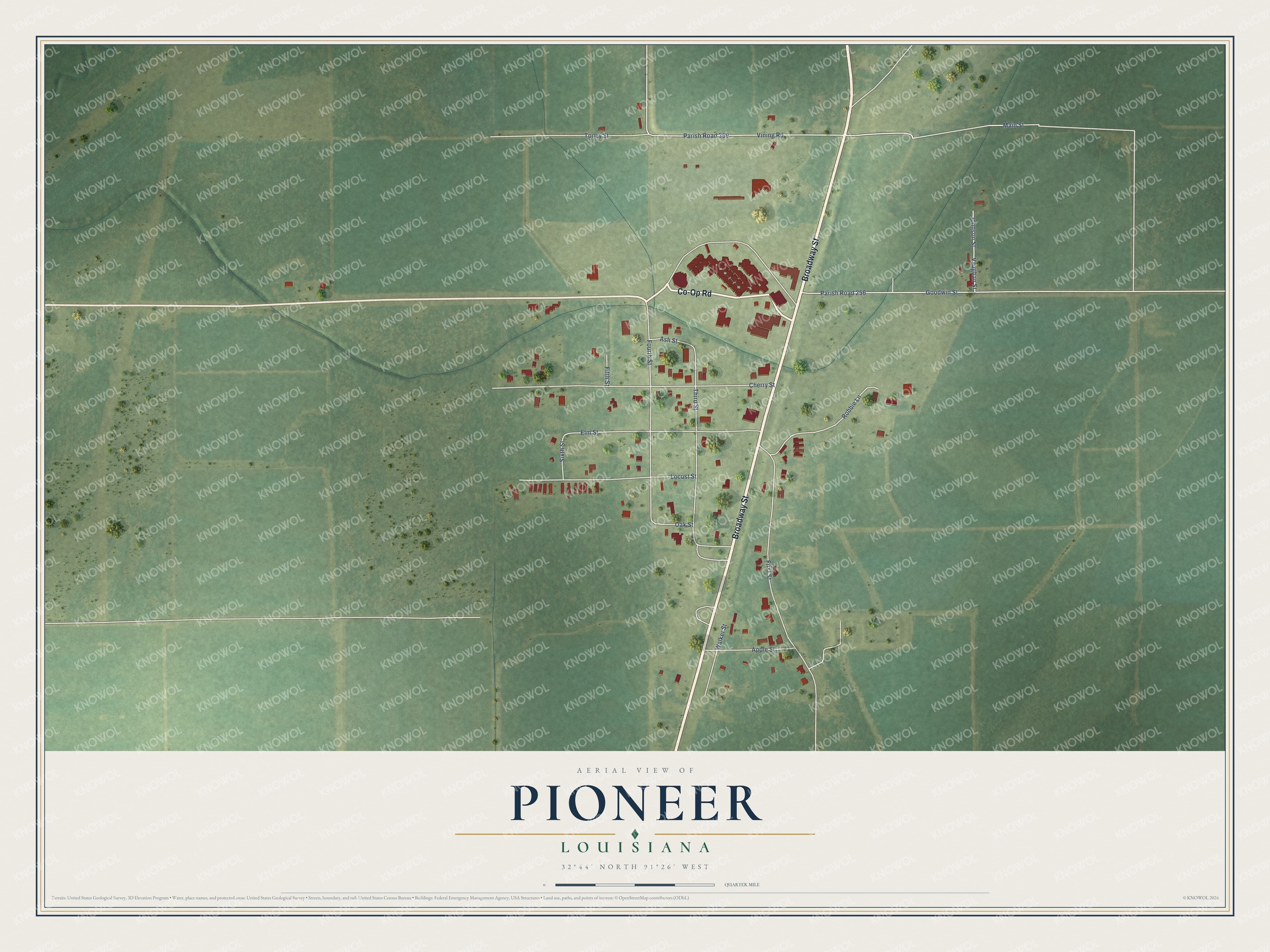 Full map of Pioneer, Louisiana, with red buildings, printed street names and the land around them