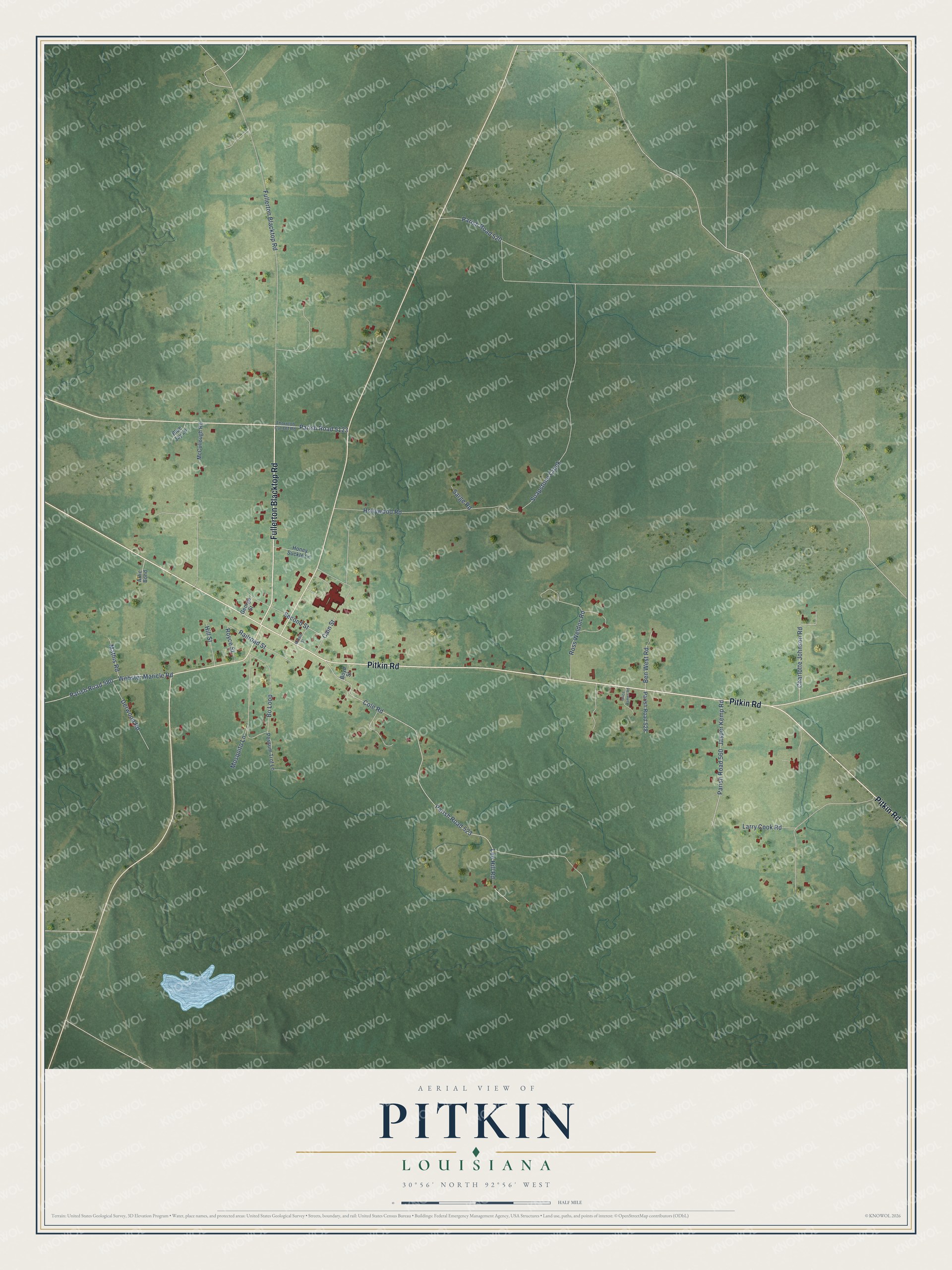 Full map of Pitkin, Louisiana, with red buildings, printed street names and the land around them