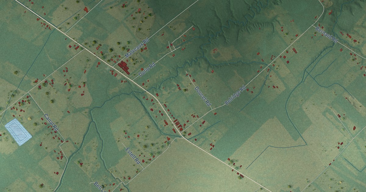 Close-up of streets and buildings in Plaisance, Louisiana