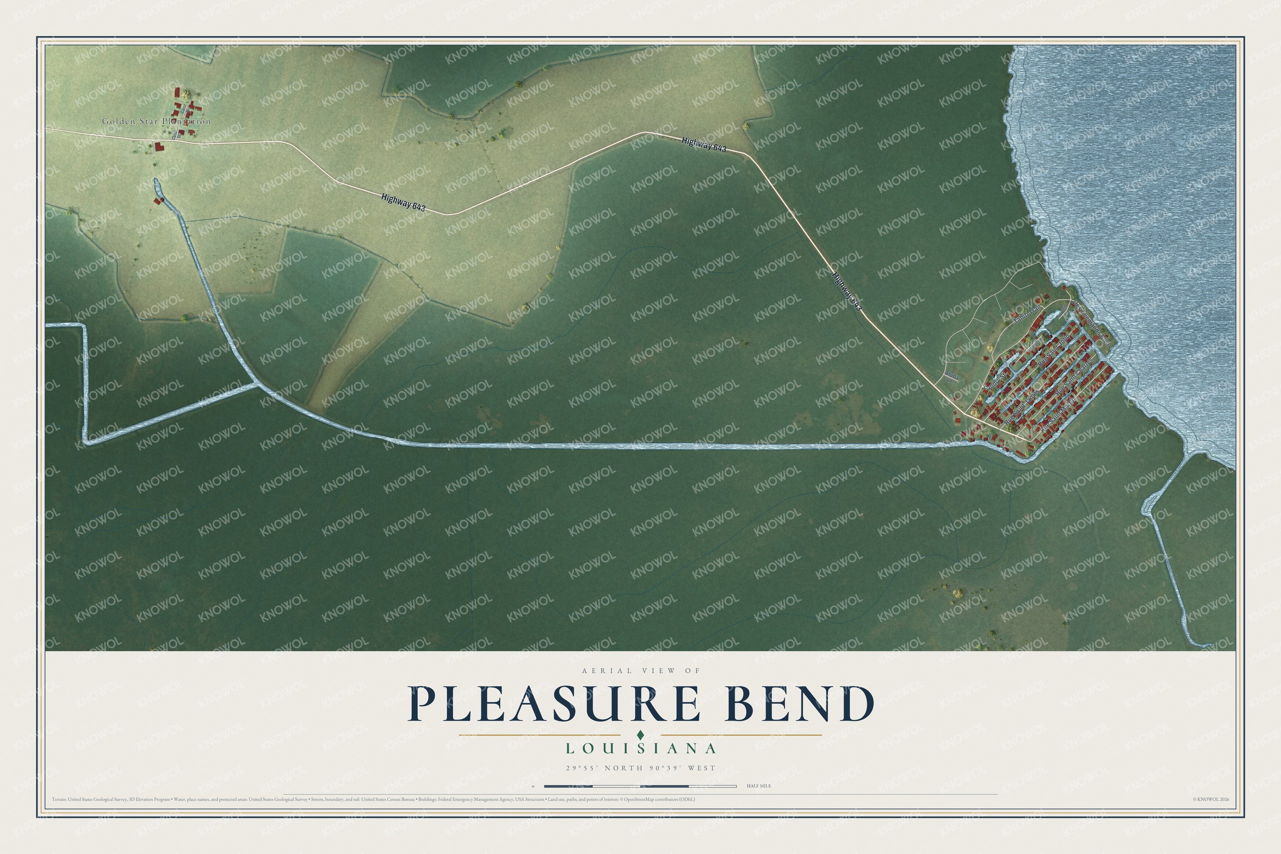 Full map of Pleasure Bend, Louisiana, with red buildings, printed street names and the land around them