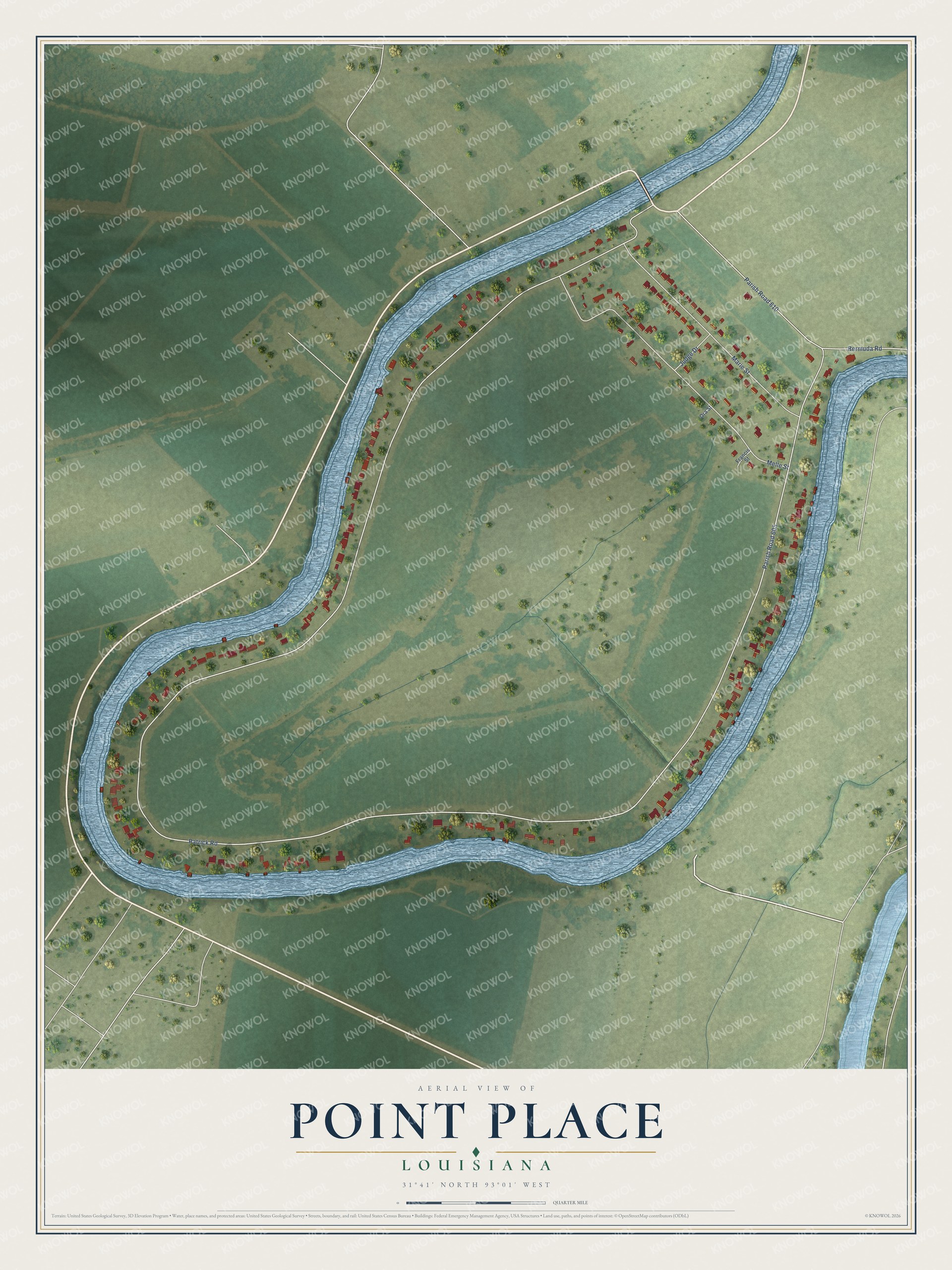 Full map of Point Place, Louisiana, with red buildings, printed street names and the land around them