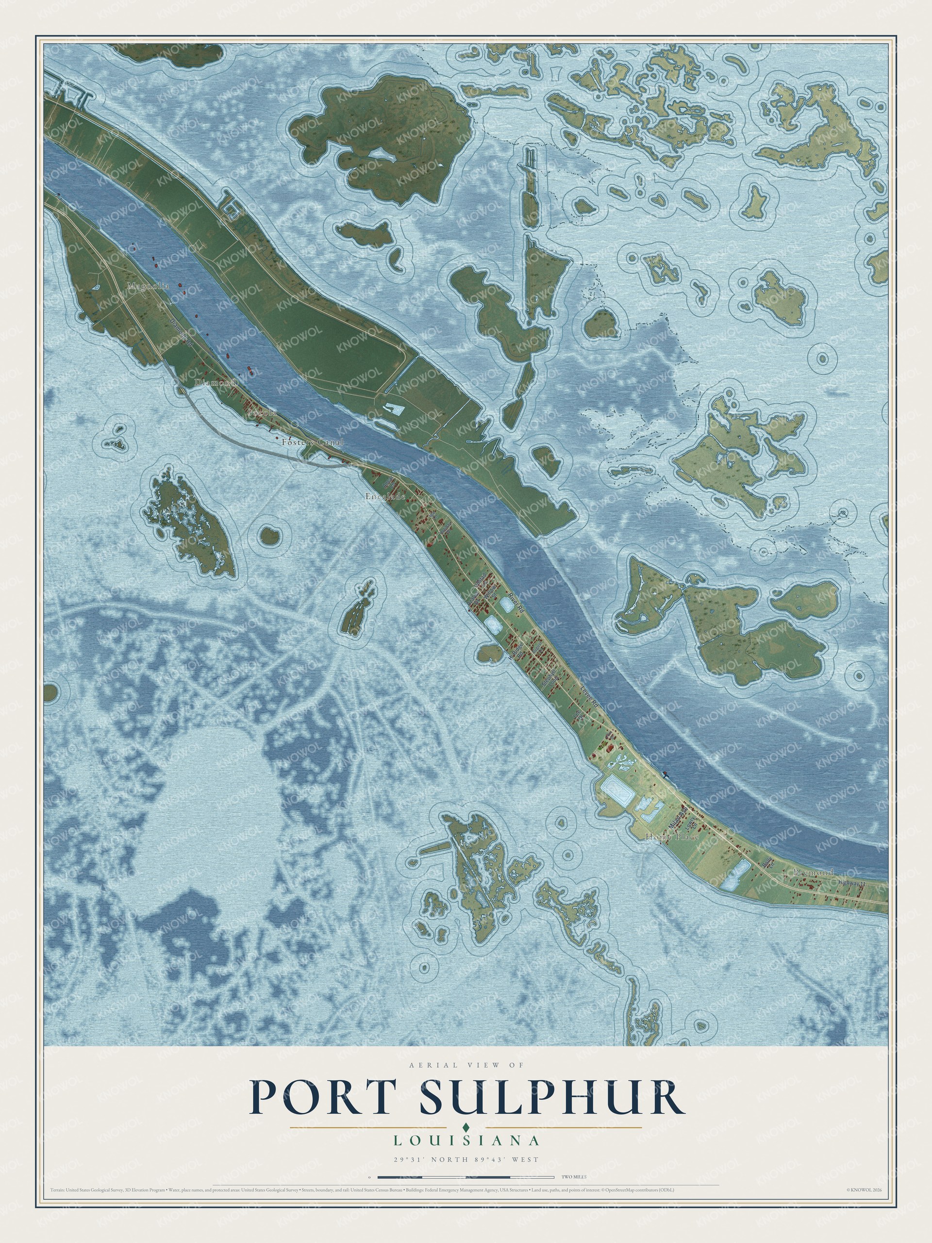 Full map of Port Sulphur, Louisiana, with red buildings, printed street names and the land around them