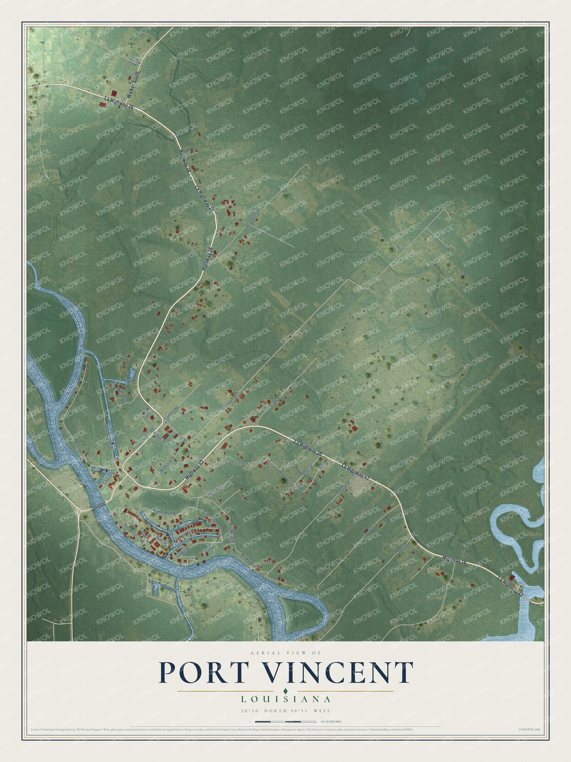 Full map of Port Vincent, Louisiana, with red buildings, printed street names and the land around them