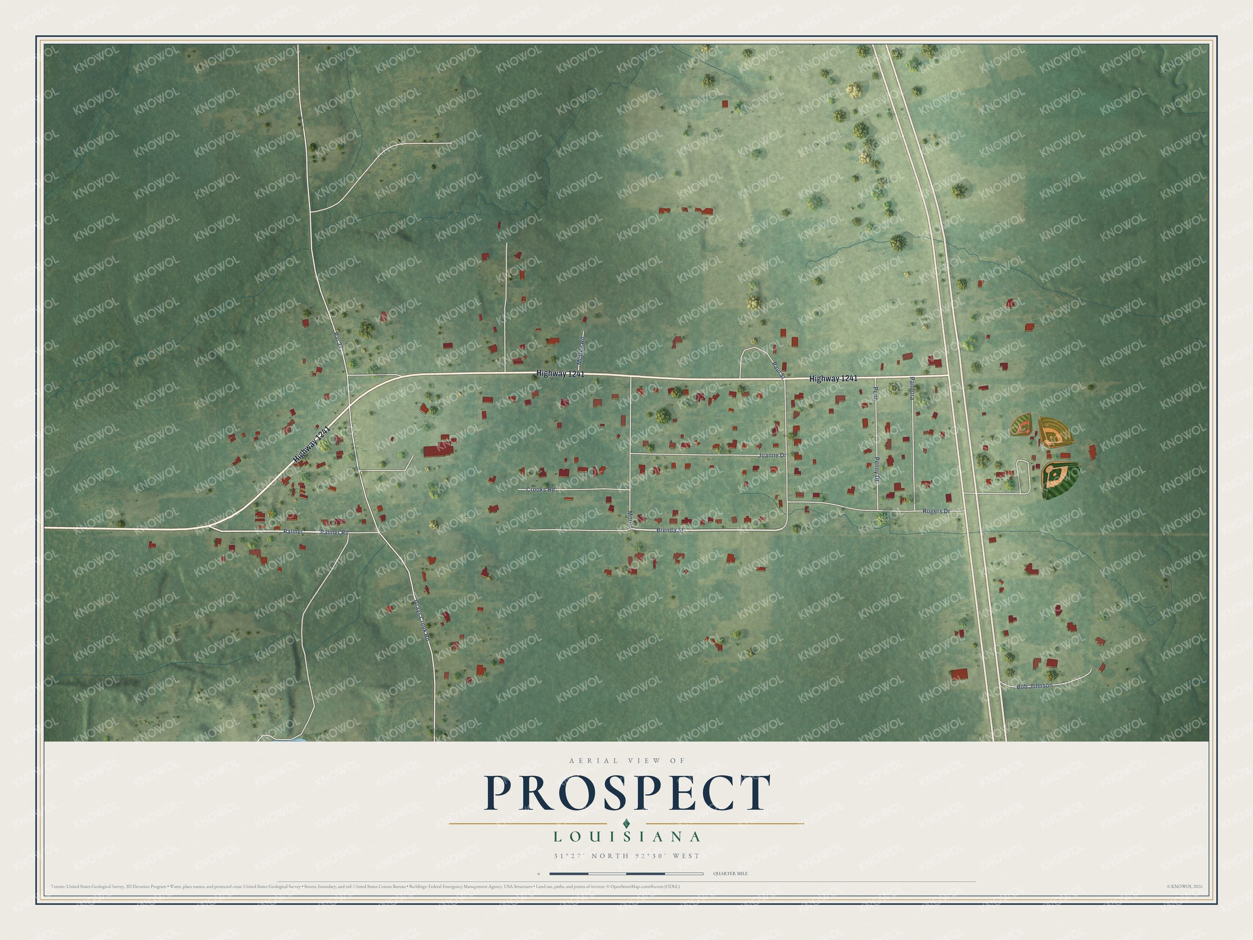 Full map of Prospect, Louisiana, with red buildings, printed street names and the land around them