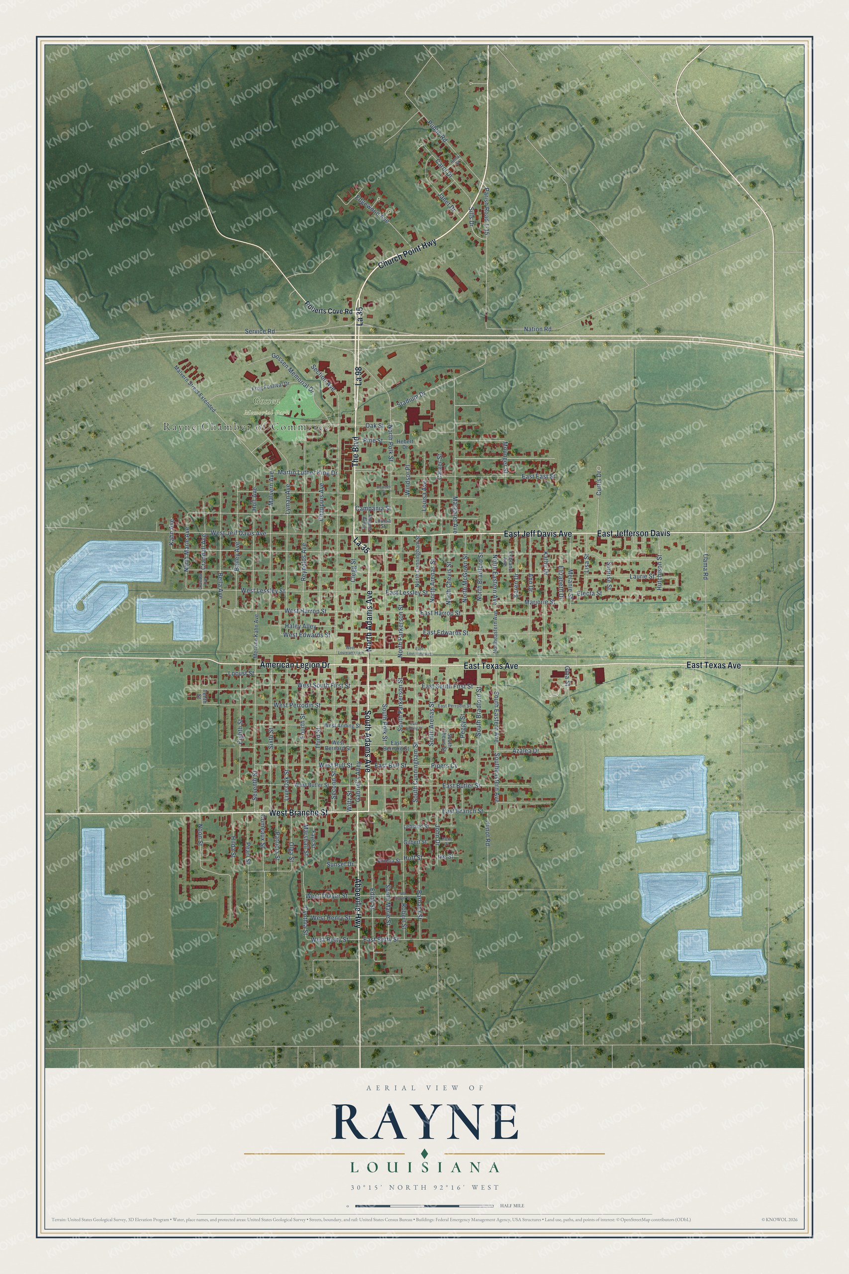 Full map of Rayne, Louisiana, with red buildings, printed street names and the land around them