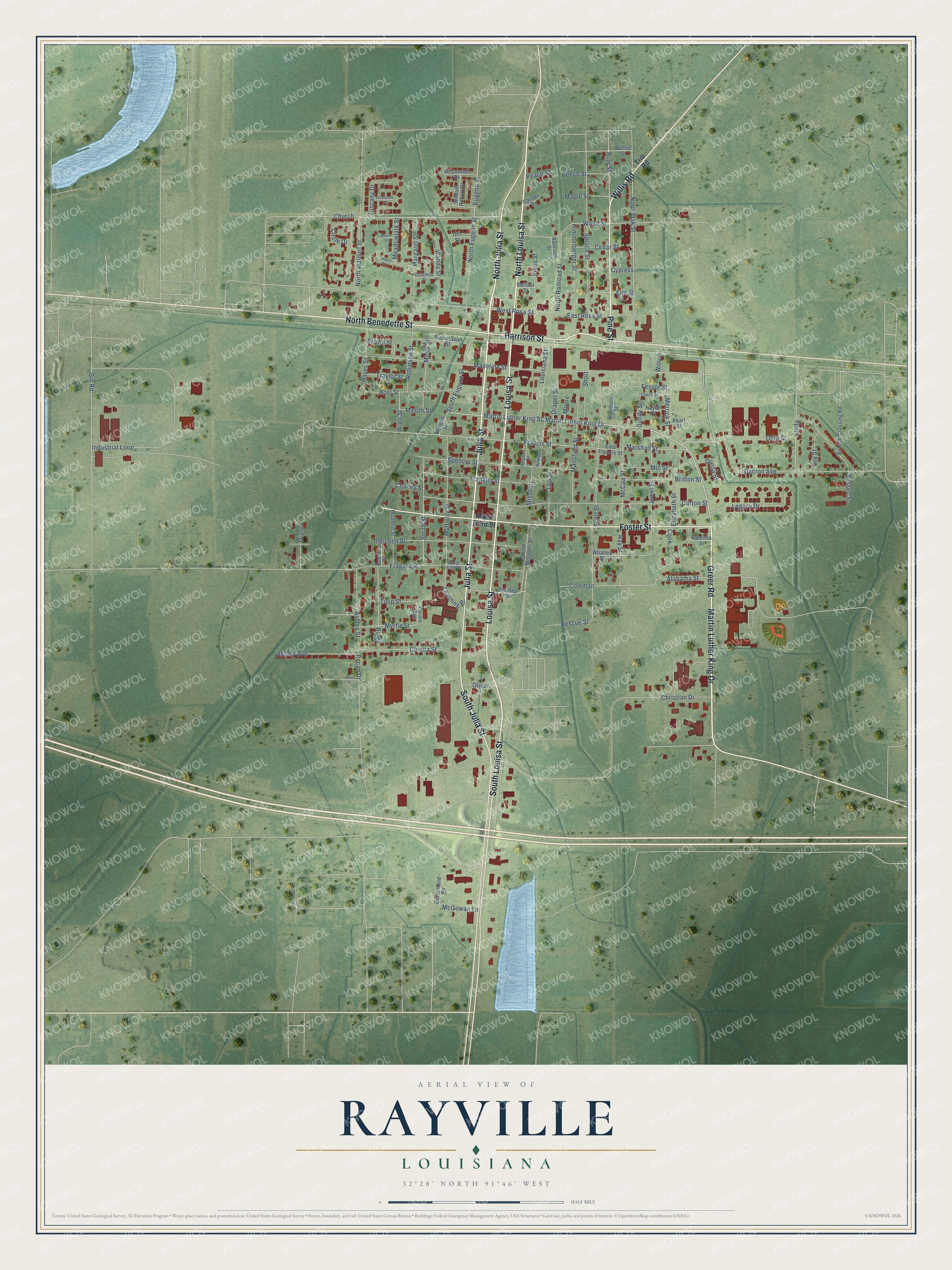 Full map of Rayville, Louisiana, with red buildings, printed street names and the land around them