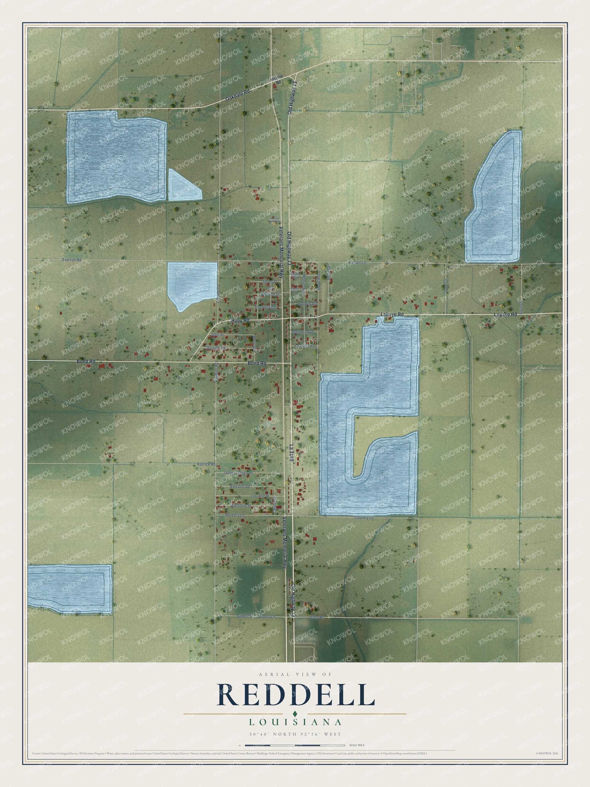 Full map of Reddell, Louisiana, with red buildings, printed street names and the land around them