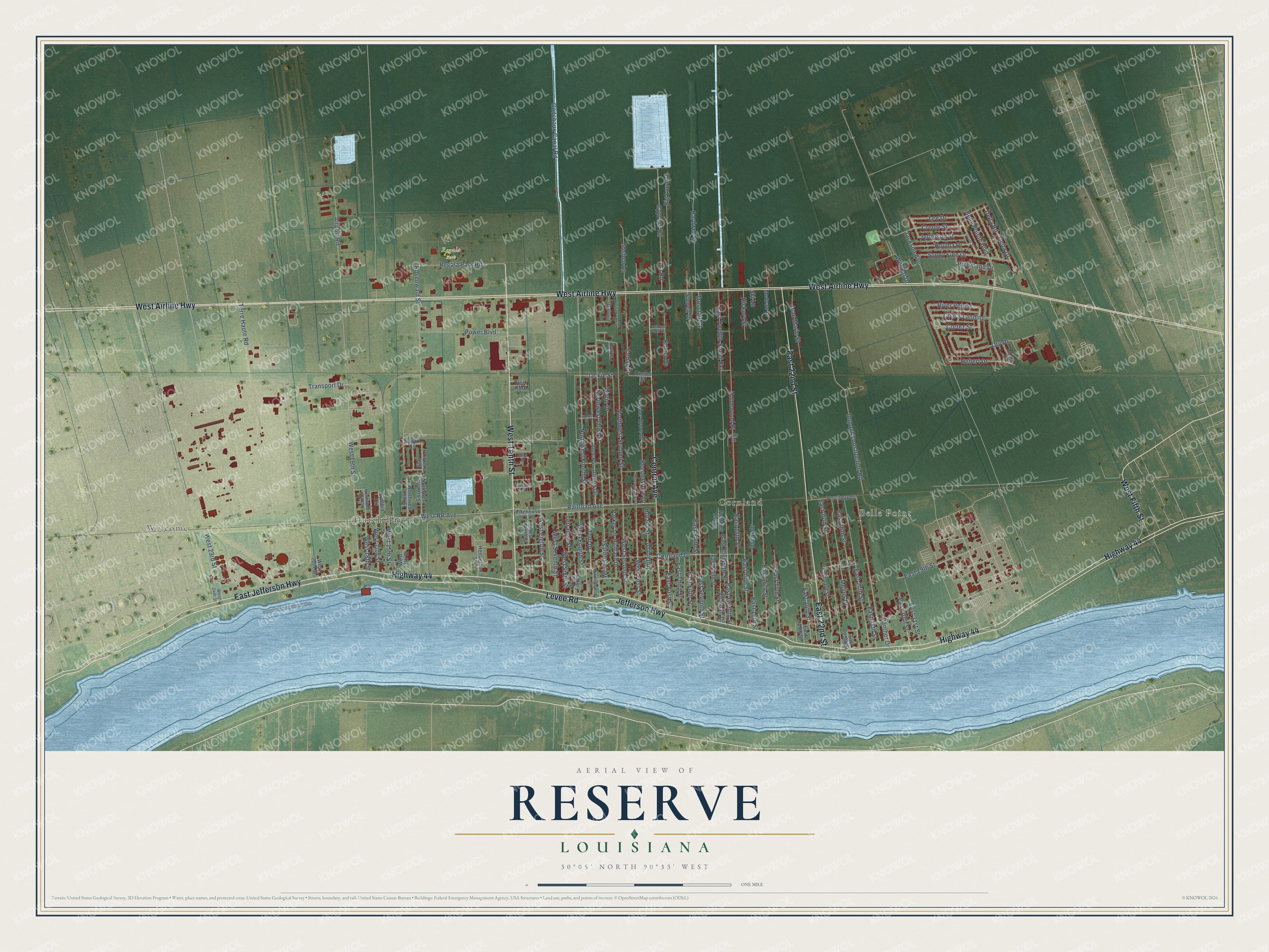 Full map of Reserve, Louisiana, with red buildings, printed street names and the land around them