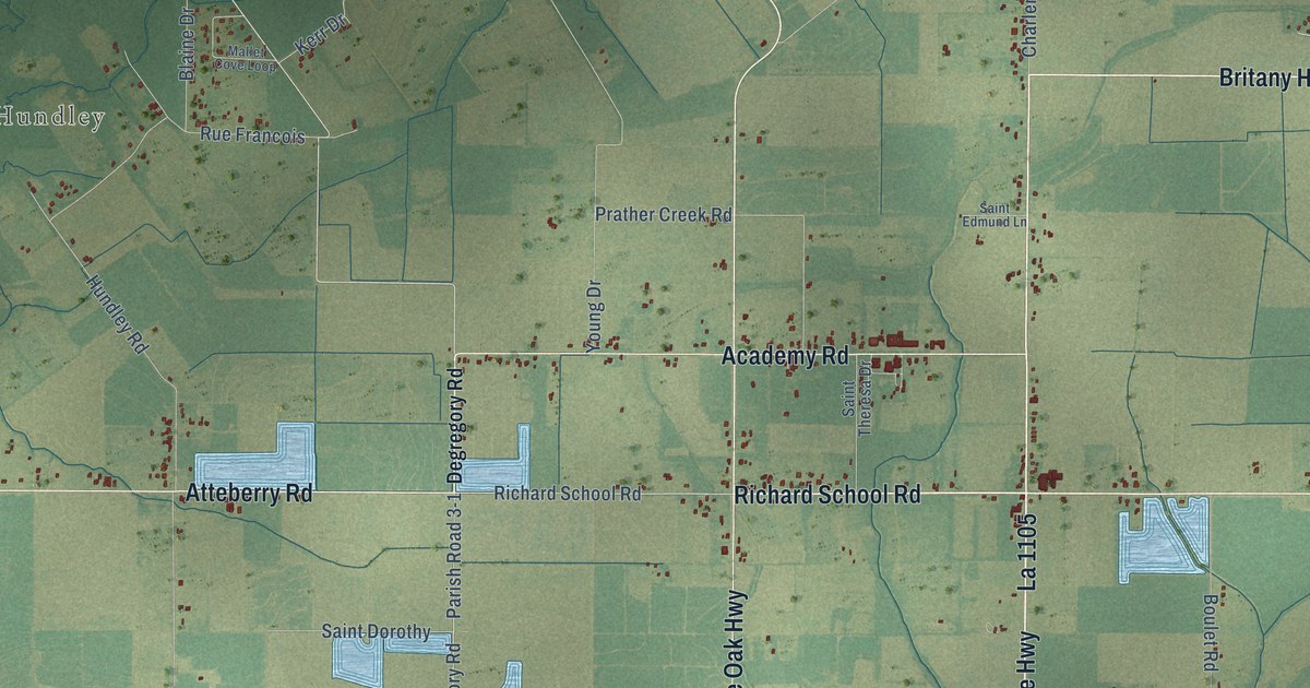 Close-up of streets and buildings in Richard, Louisiana