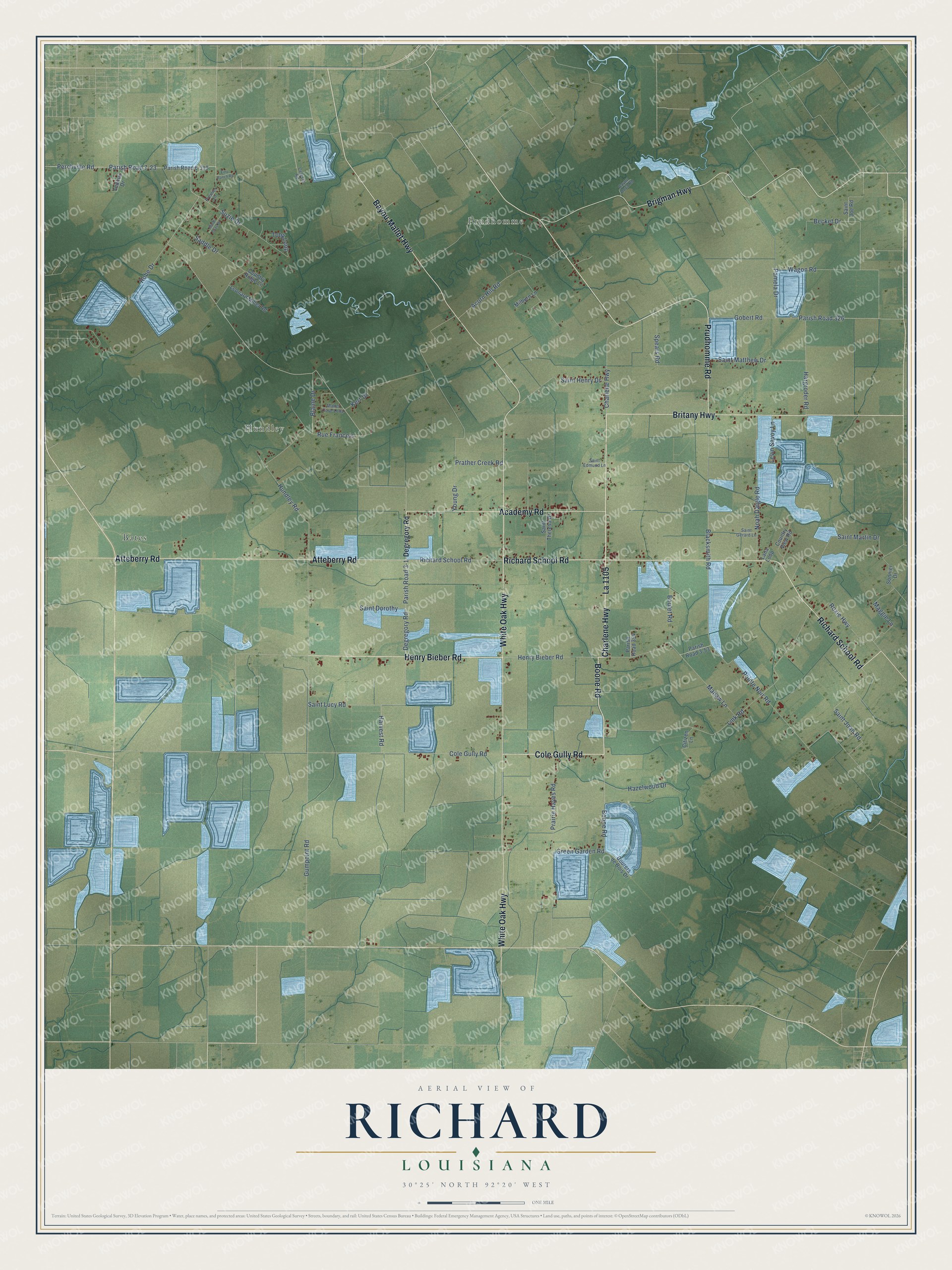 Full map of Richard, Louisiana, with red buildings, printed street names and the land around them