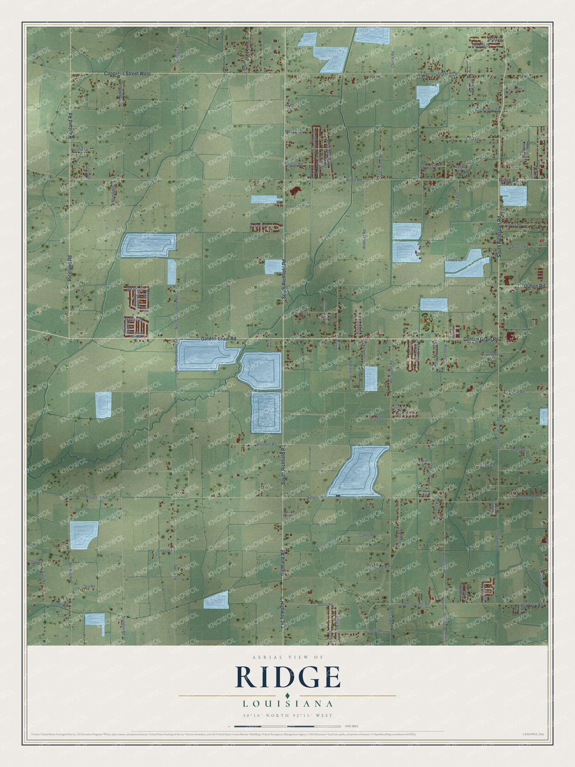 Full map of Ridge, Louisiana, with red buildings, printed street names and the land around them