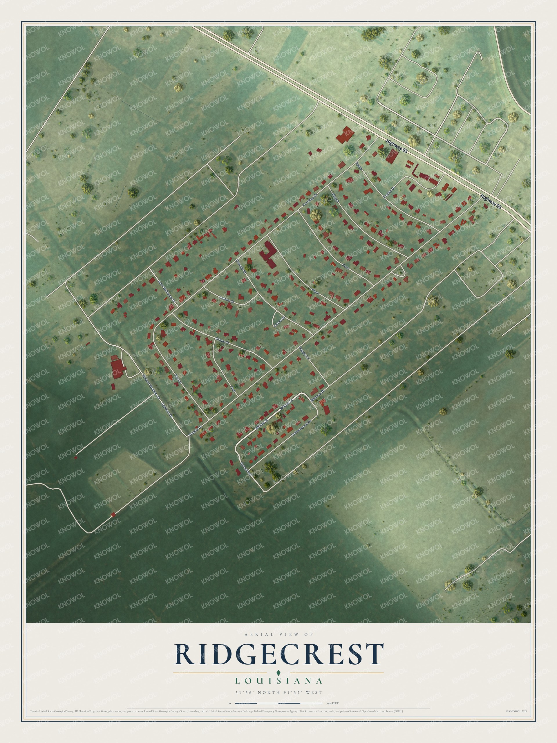 Watermarked full-map preview of Ridgecrest, Louisiana
