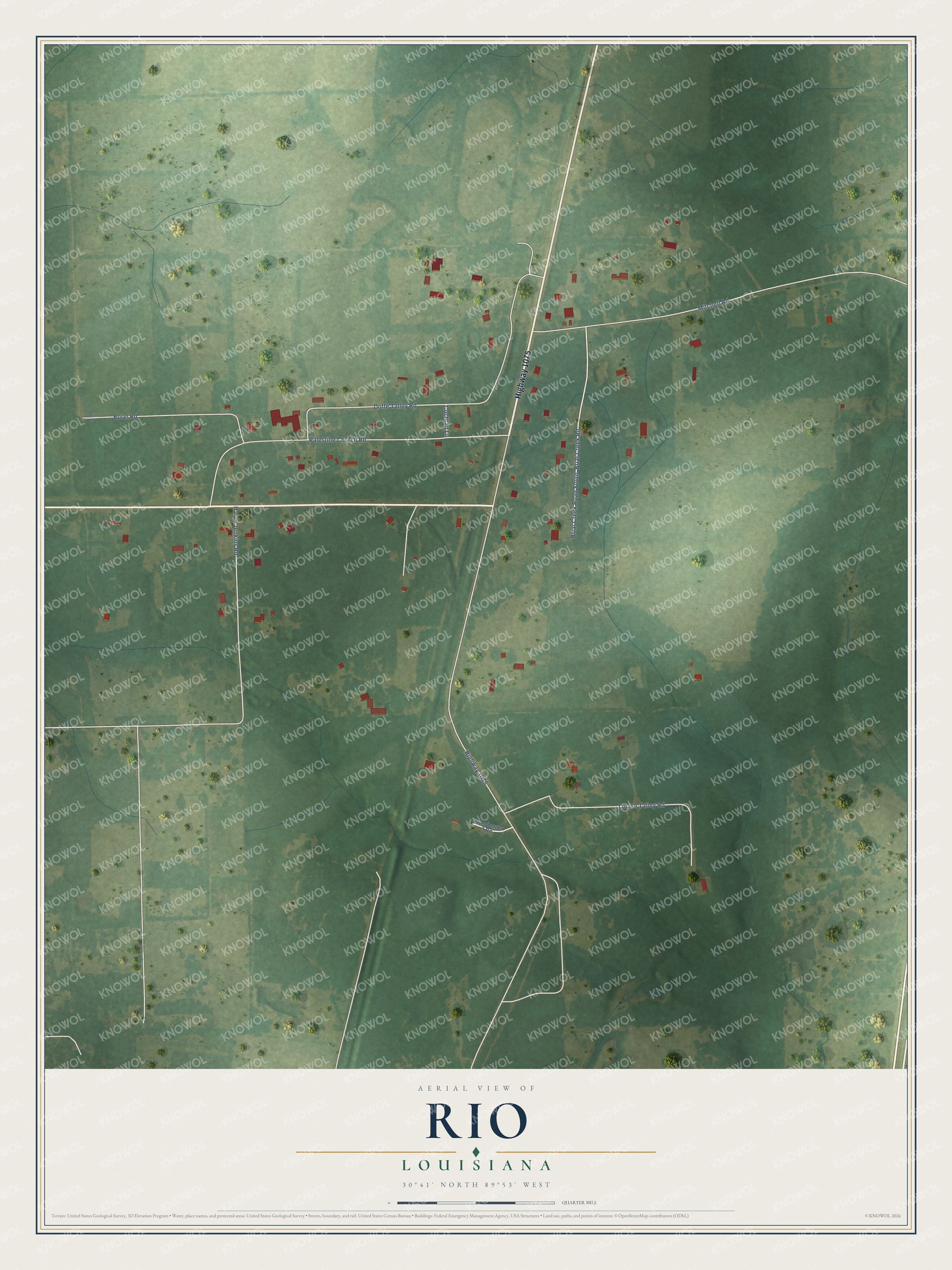 Full map of Rio, Louisiana, with red buildings, printed street names and the land around them