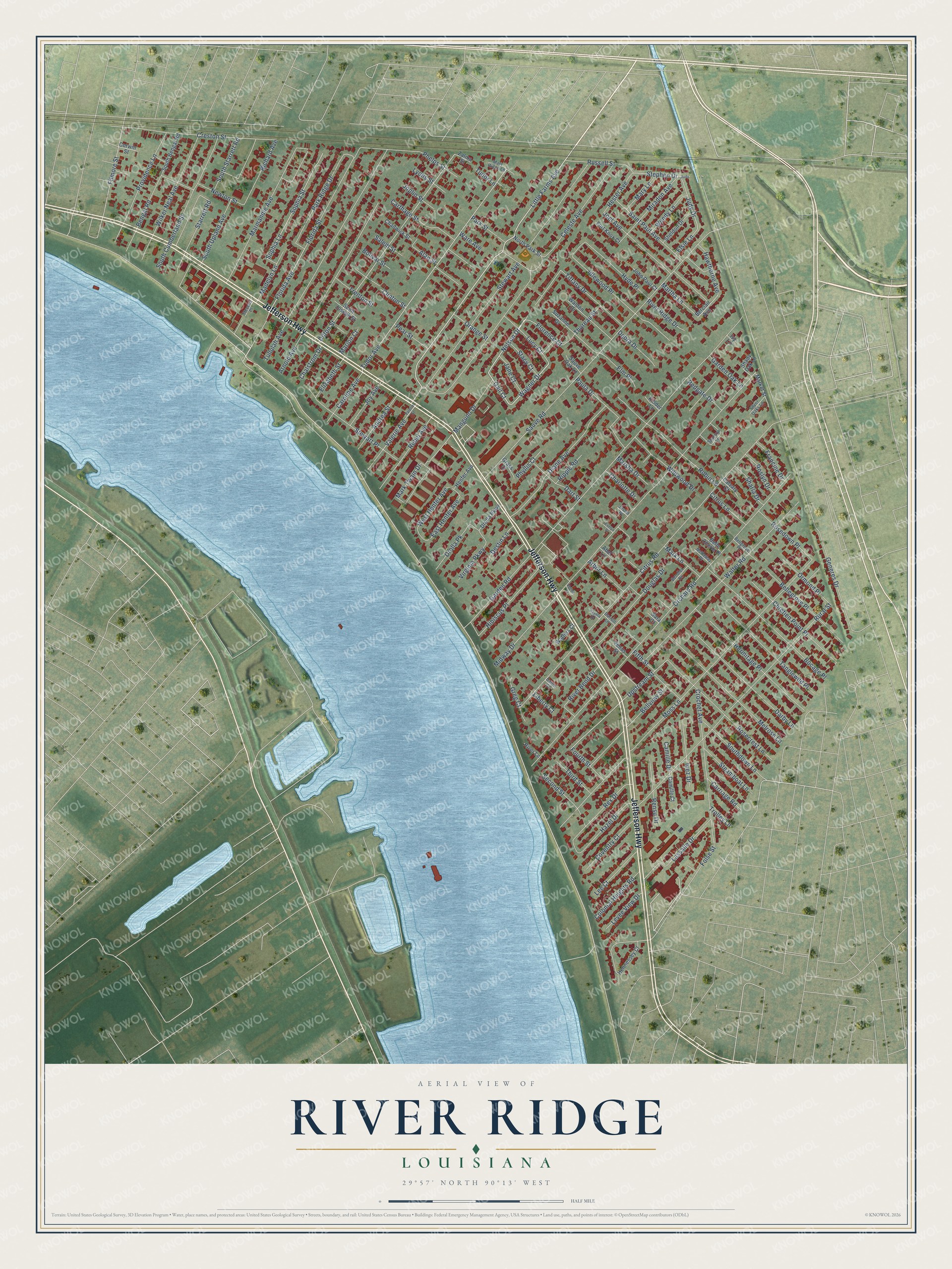 Full map of River Ridge, Louisiana, with red buildings, printed street names and the land around them