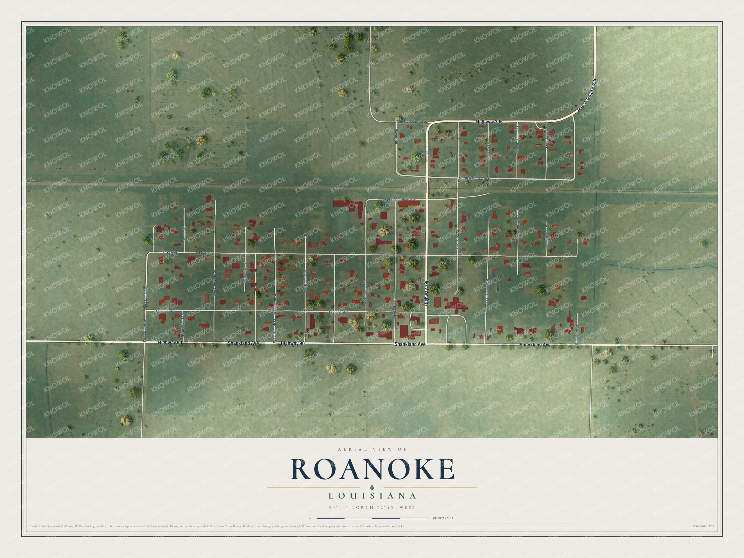 Full map of Roanoke, Louisiana, with red buildings, printed street names and the land around them