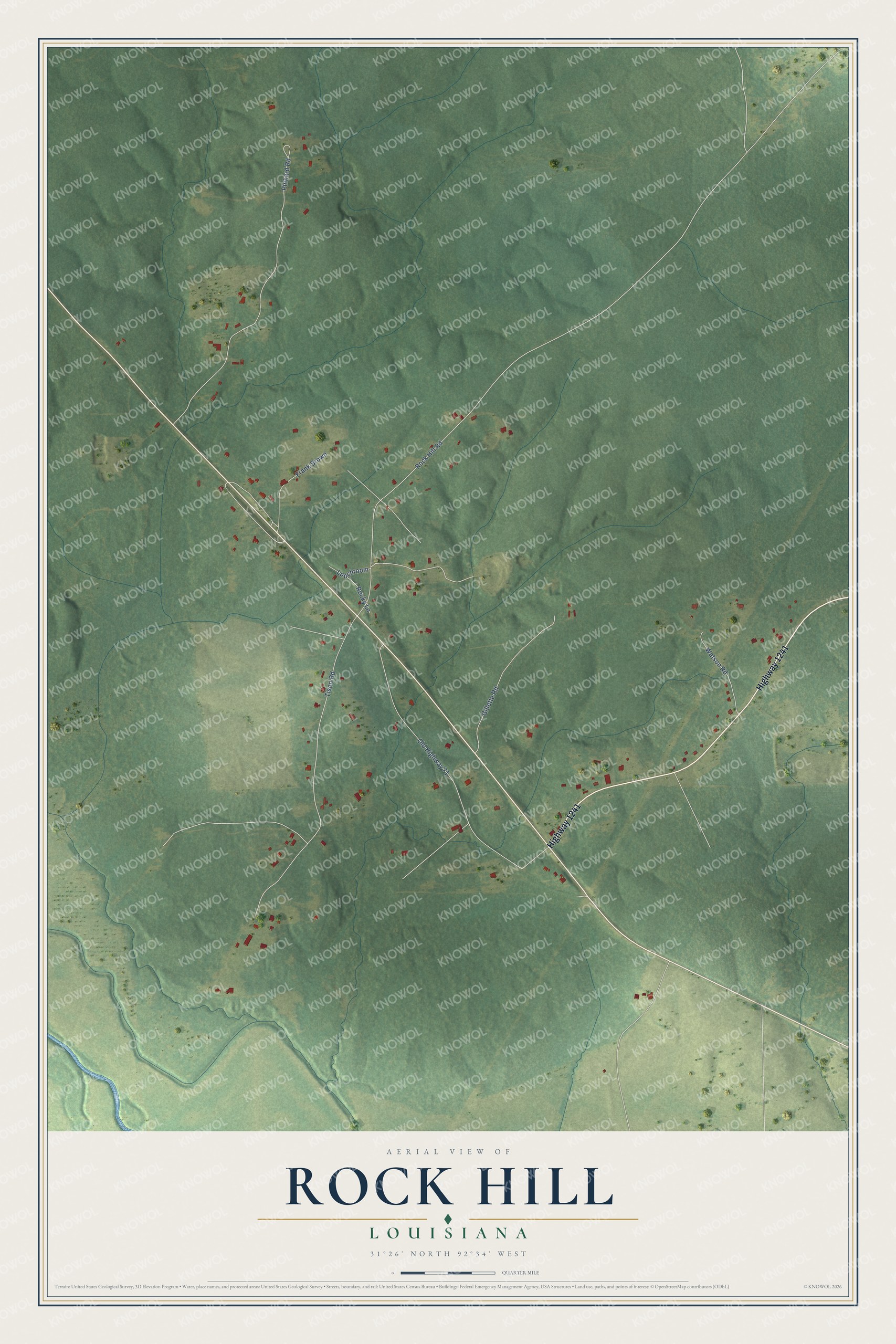 Full map of Rock Hill, Louisiana, with red buildings, printed street names and the land around them