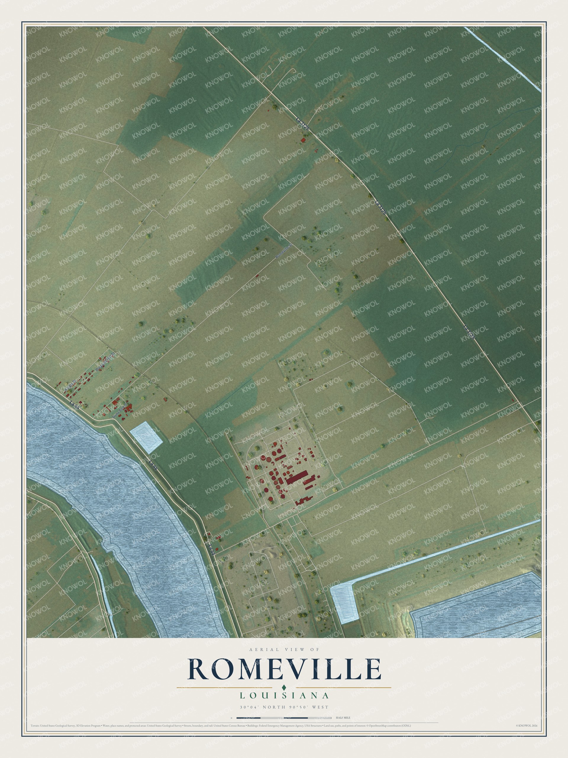 Full map of Romeville, Louisiana, with red buildings, printed street names and the land around them