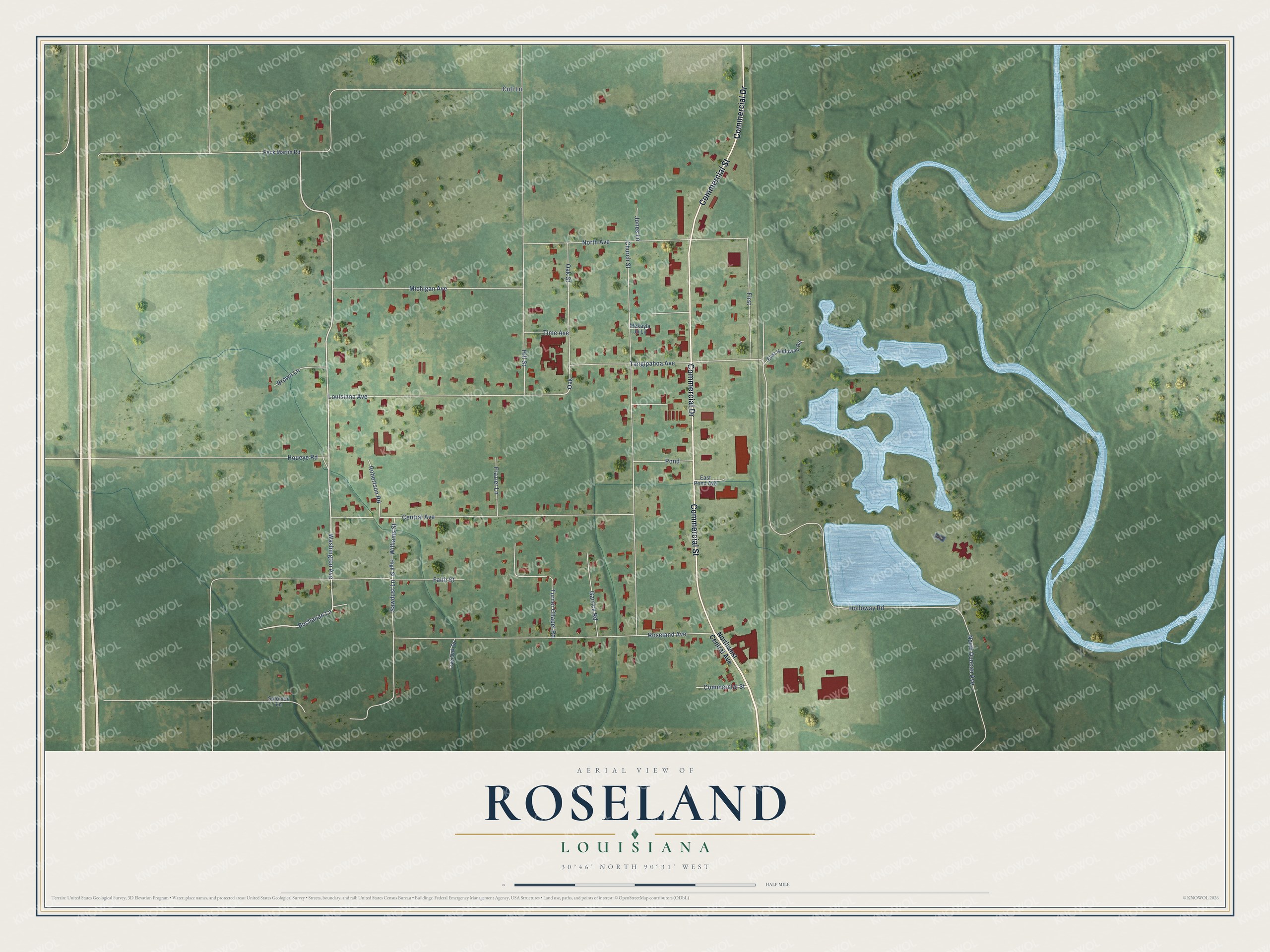 Full map of Roseland, Louisiana, with red buildings, printed street names and the land around them
