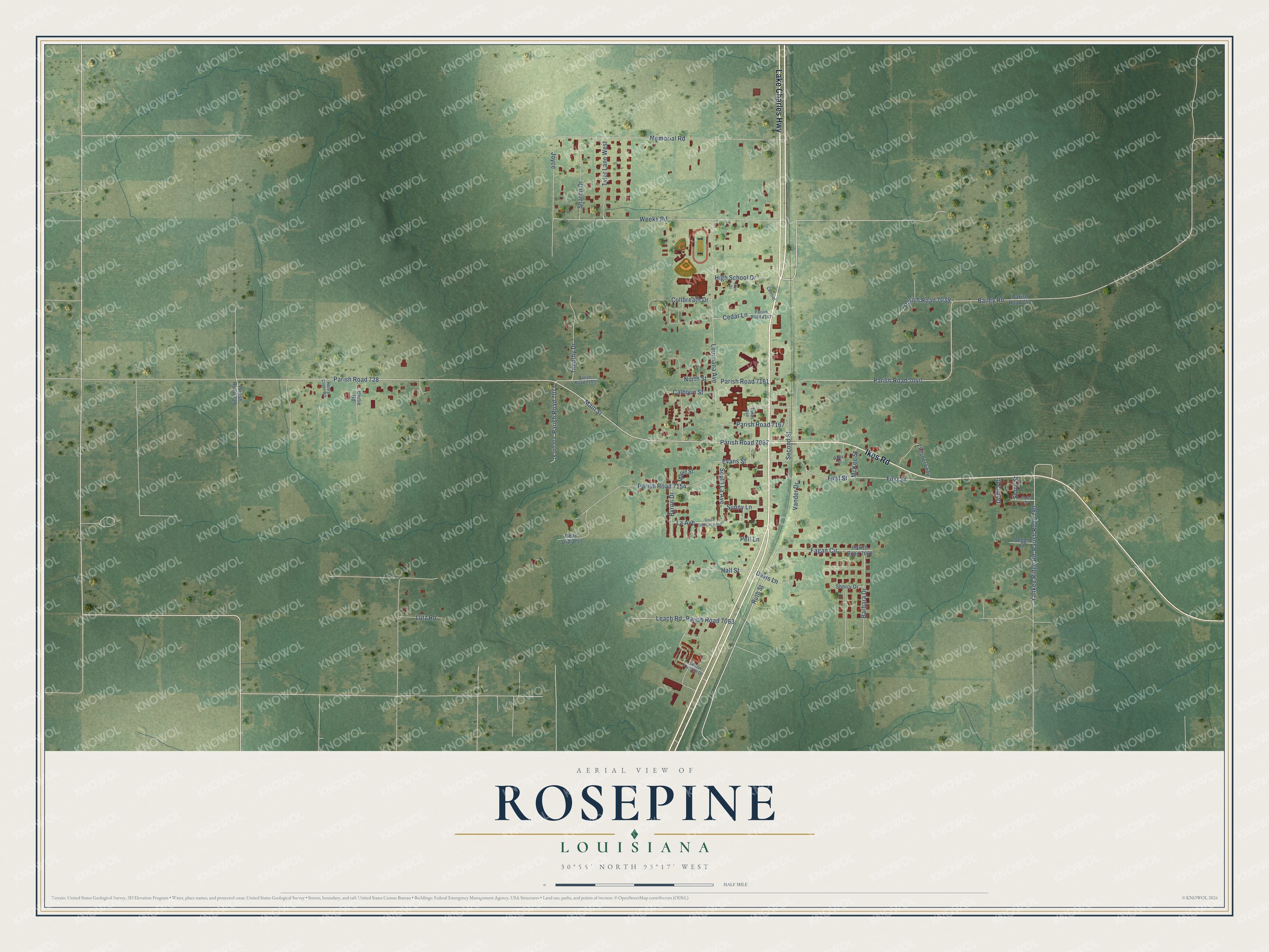 Full map of Rosepine, Louisiana, with red buildings, printed street names and the land around them