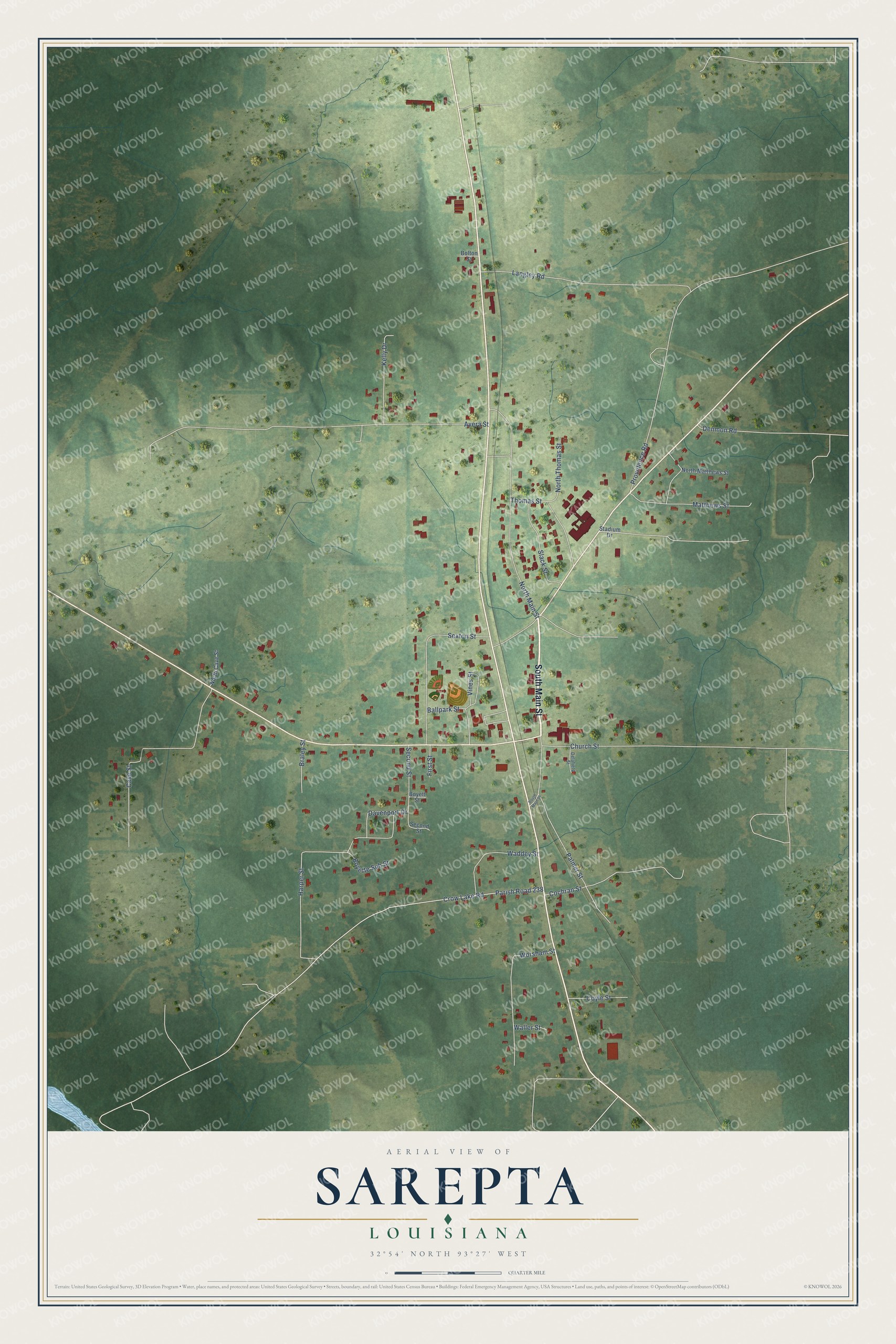 Full map of Sarepta, Louisiana, with red buildings, printed street names and the land around them