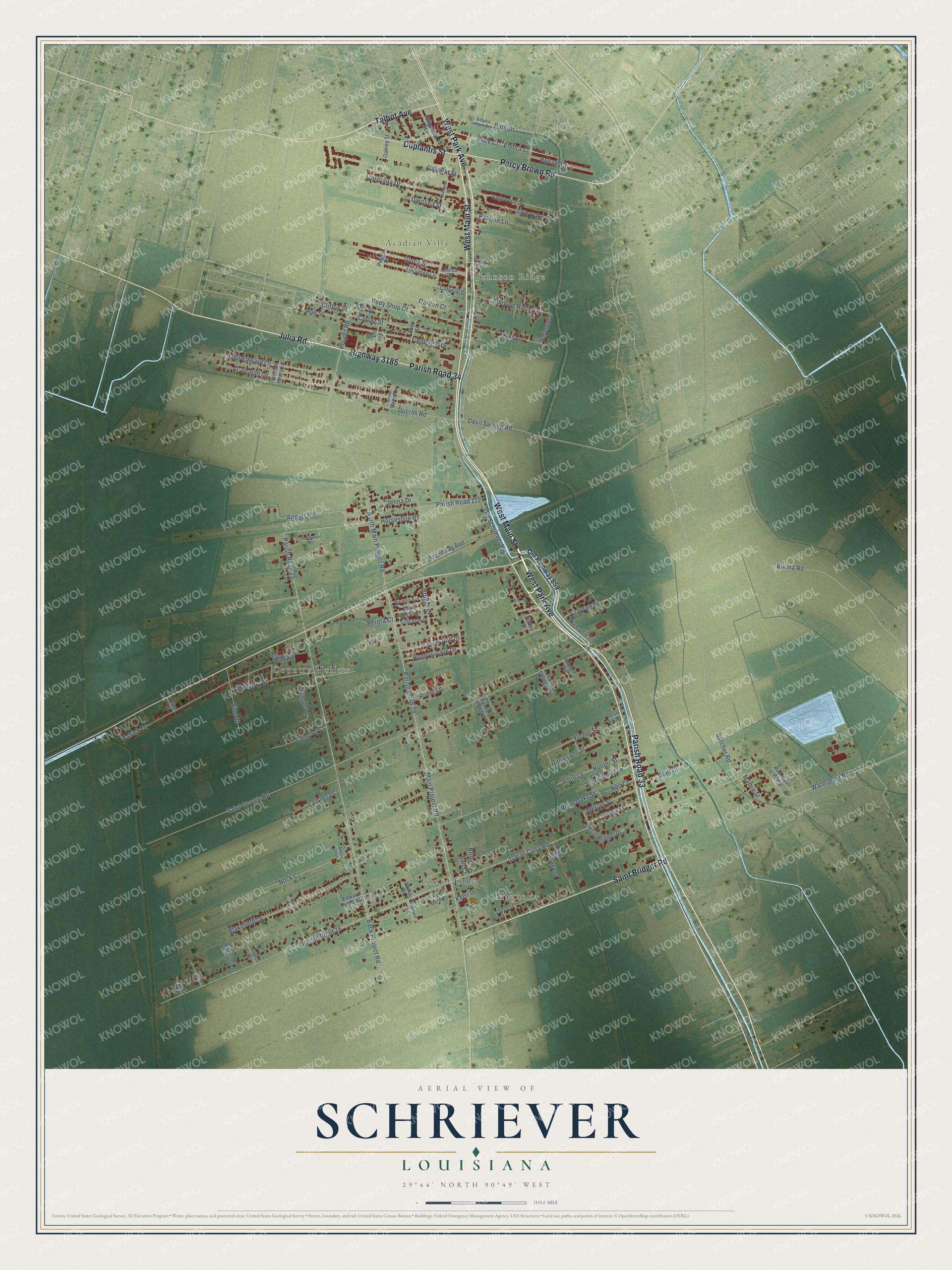 Watermarked full-map preview of Schriever, Louisiana