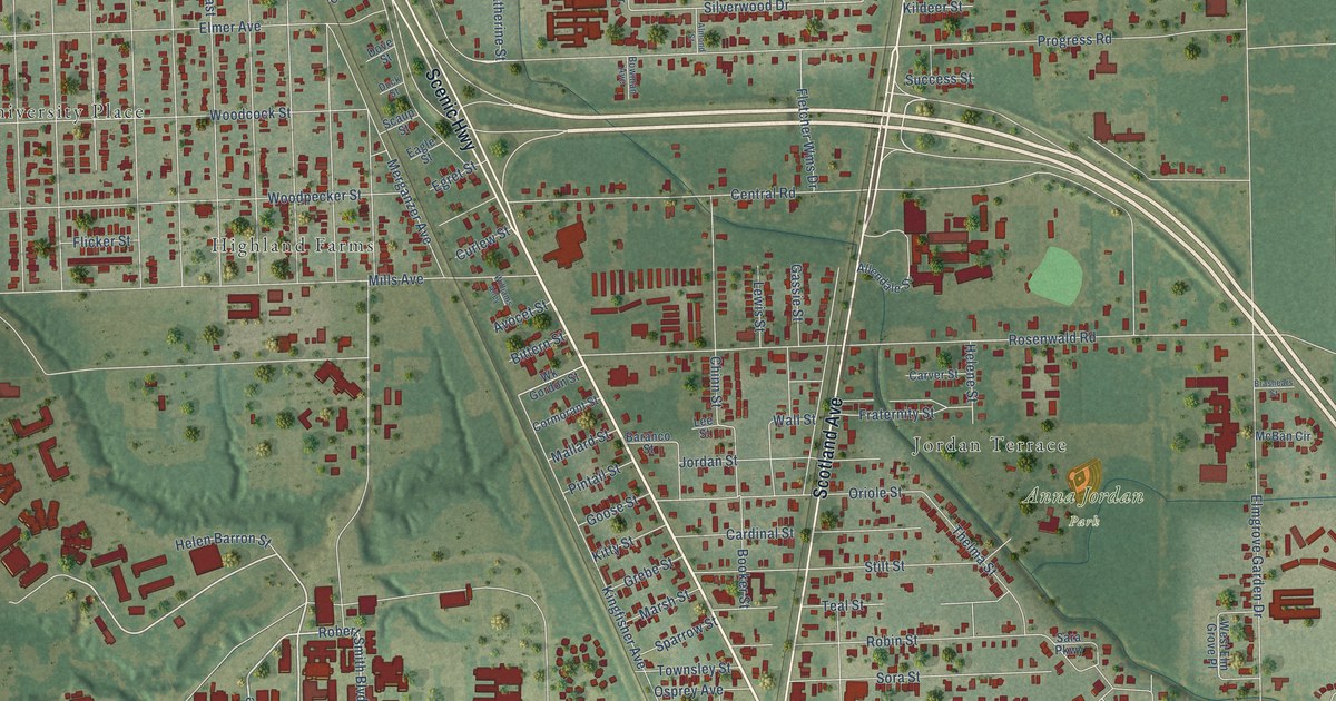 Close-up of streets and buildings in Scotlandville, Louisiana