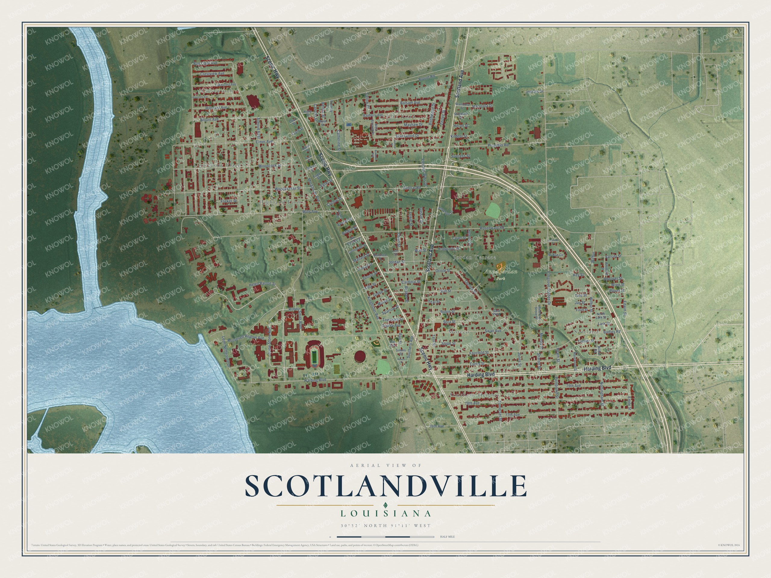 Full map of Scotlandville, Louisiana, with red buildings, printed street names and the land around them