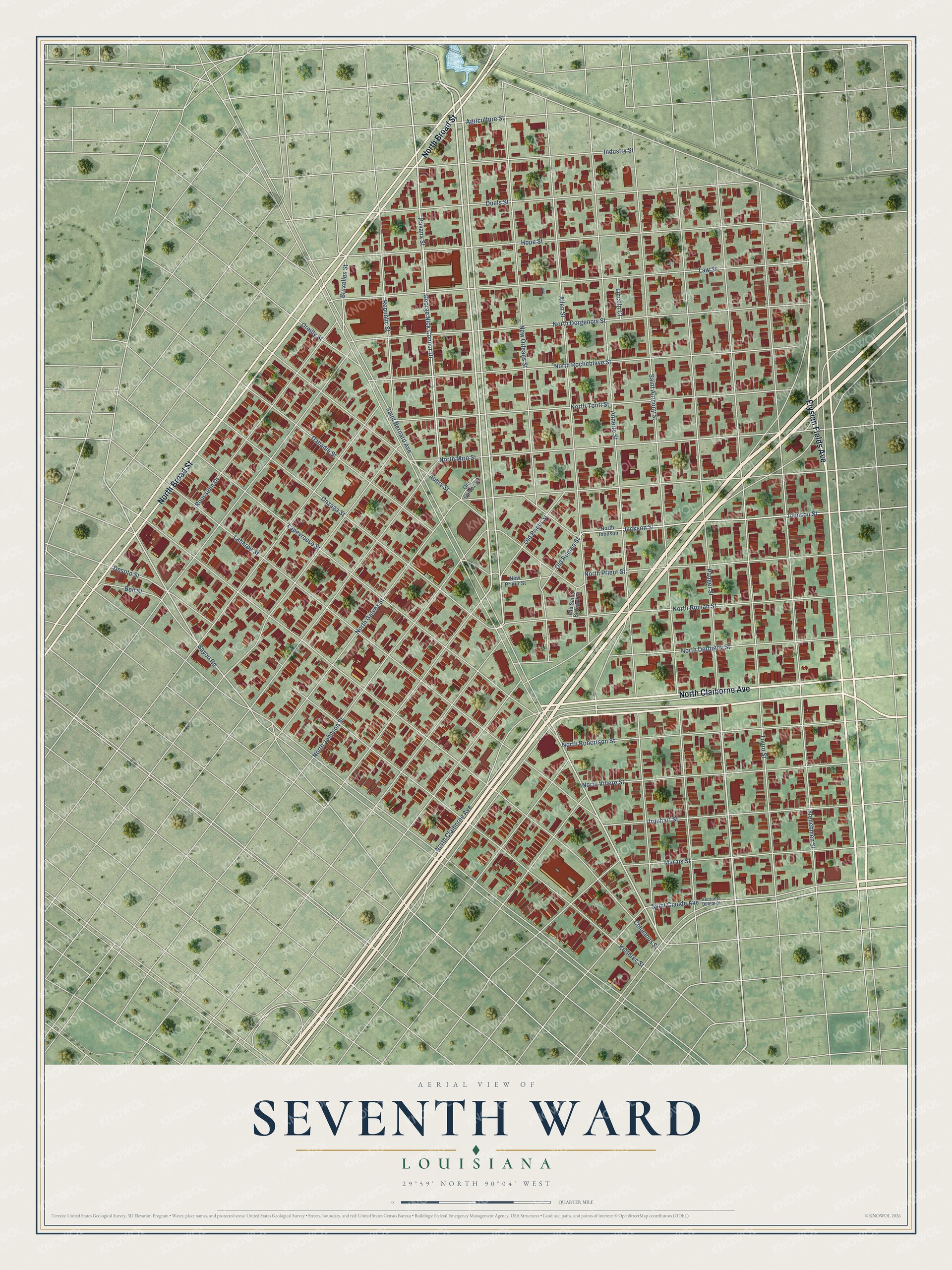Full map of Seventh Ward, Louisiana, with red buildings, printed street names and the land around them