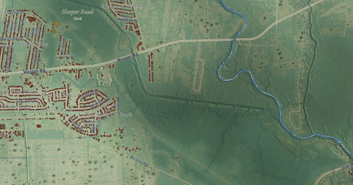 Close-up of streets and buildings in Sharon Hills, Louisiana