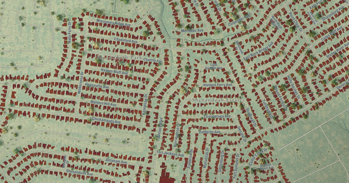 Close-up of streets and buildings in Shenandoah, Louisiana