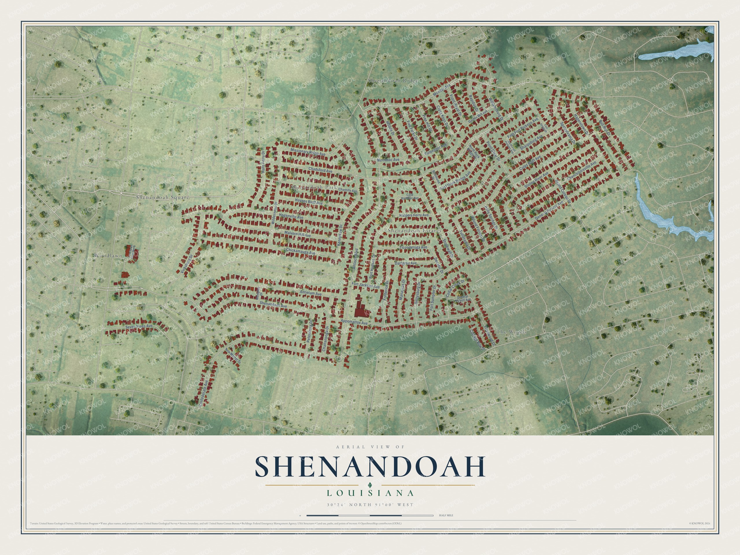 Full map of Shenandoah, Louisiana, with red buildings, printed street names and the land around them