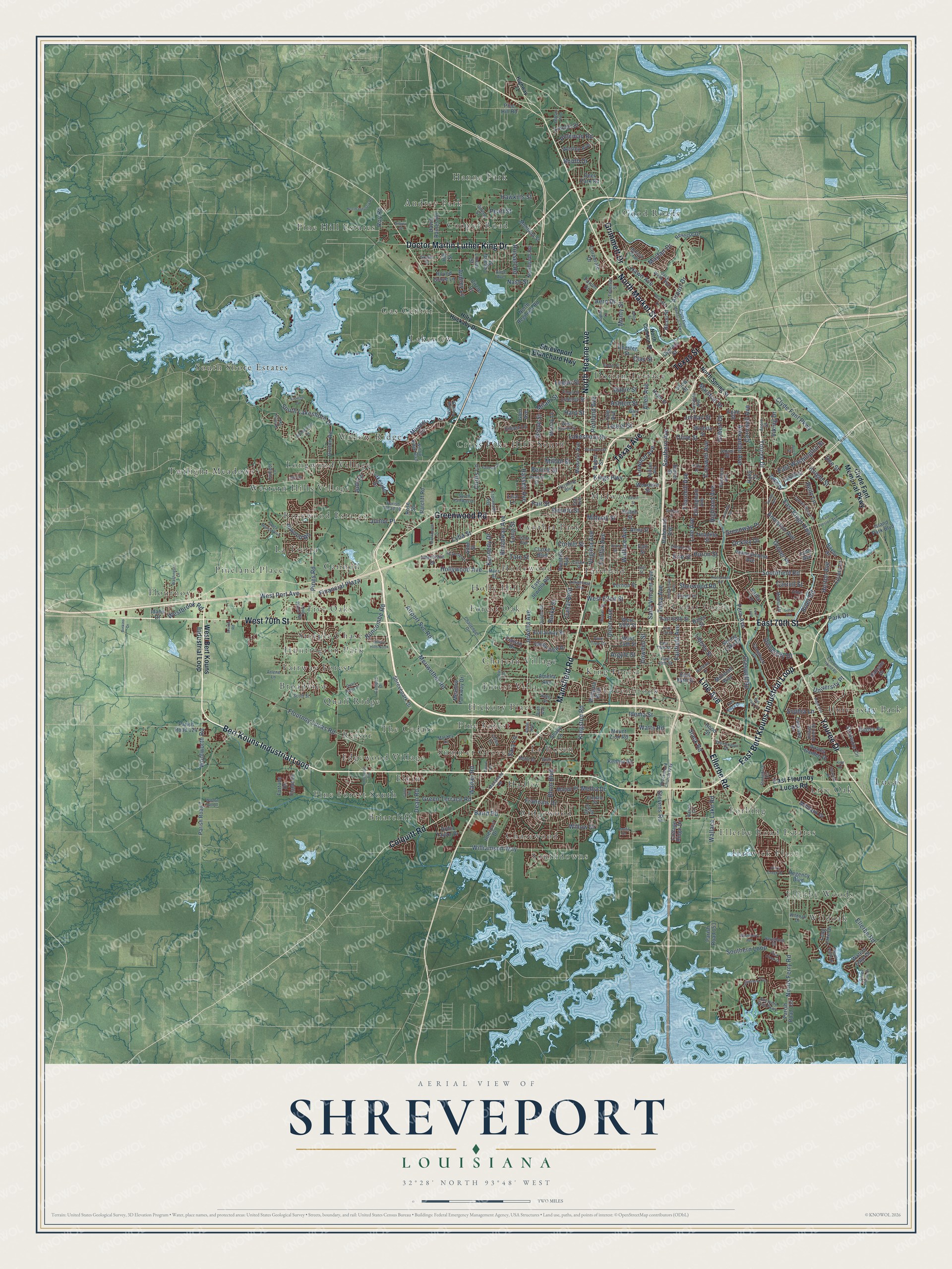 Full map of Shreveport, Louisiana, with red buildings, printed street names and the land around them