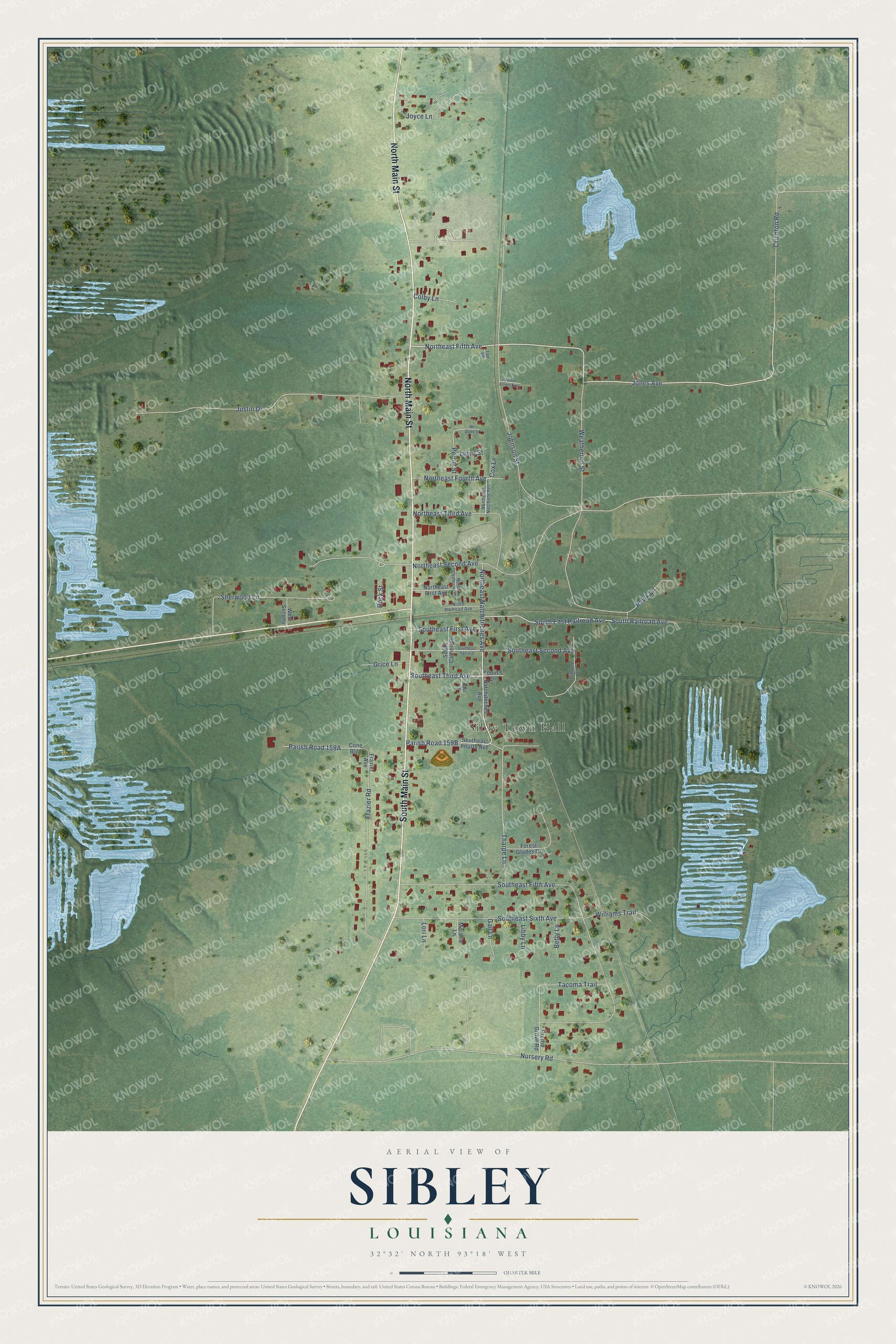 Full map of Sibley, Louisiana, with red buildings, printed street names and the land around them