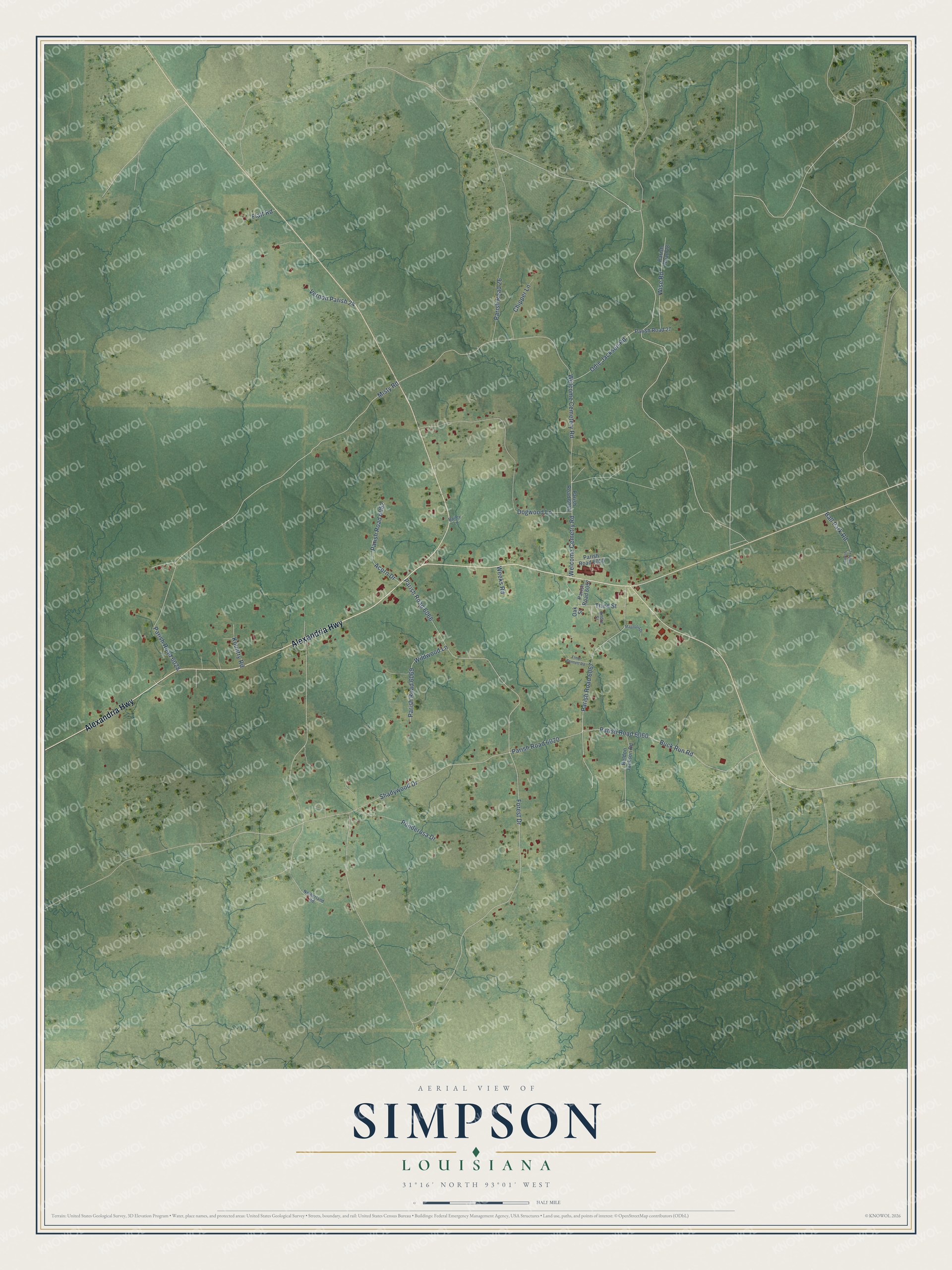 Full map of Simpson, Louisiana, with red buildings, printed street names and the land around them