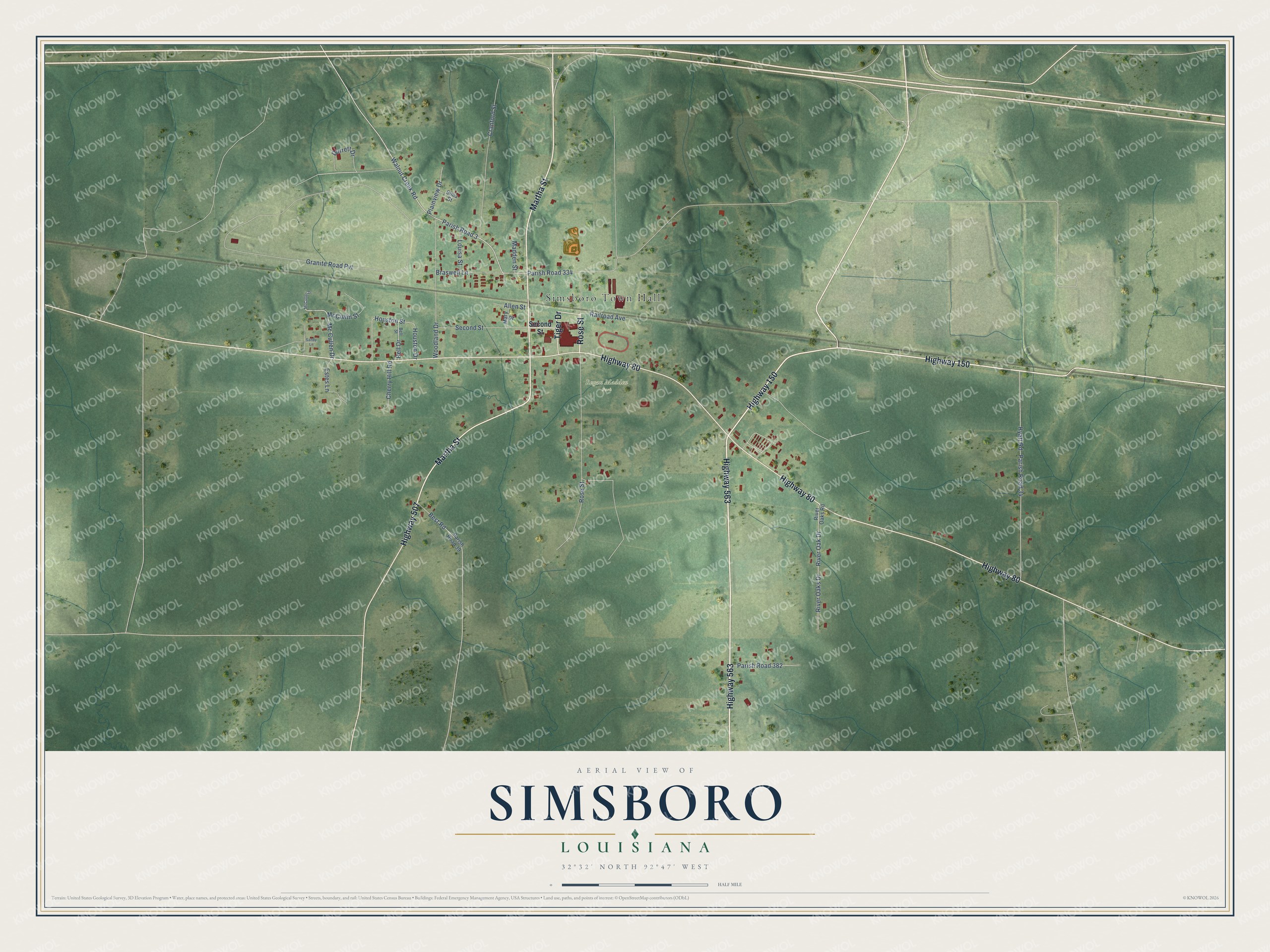 Full map of Simsboro, Louisiana, with red buildings, printed street names and the land around them