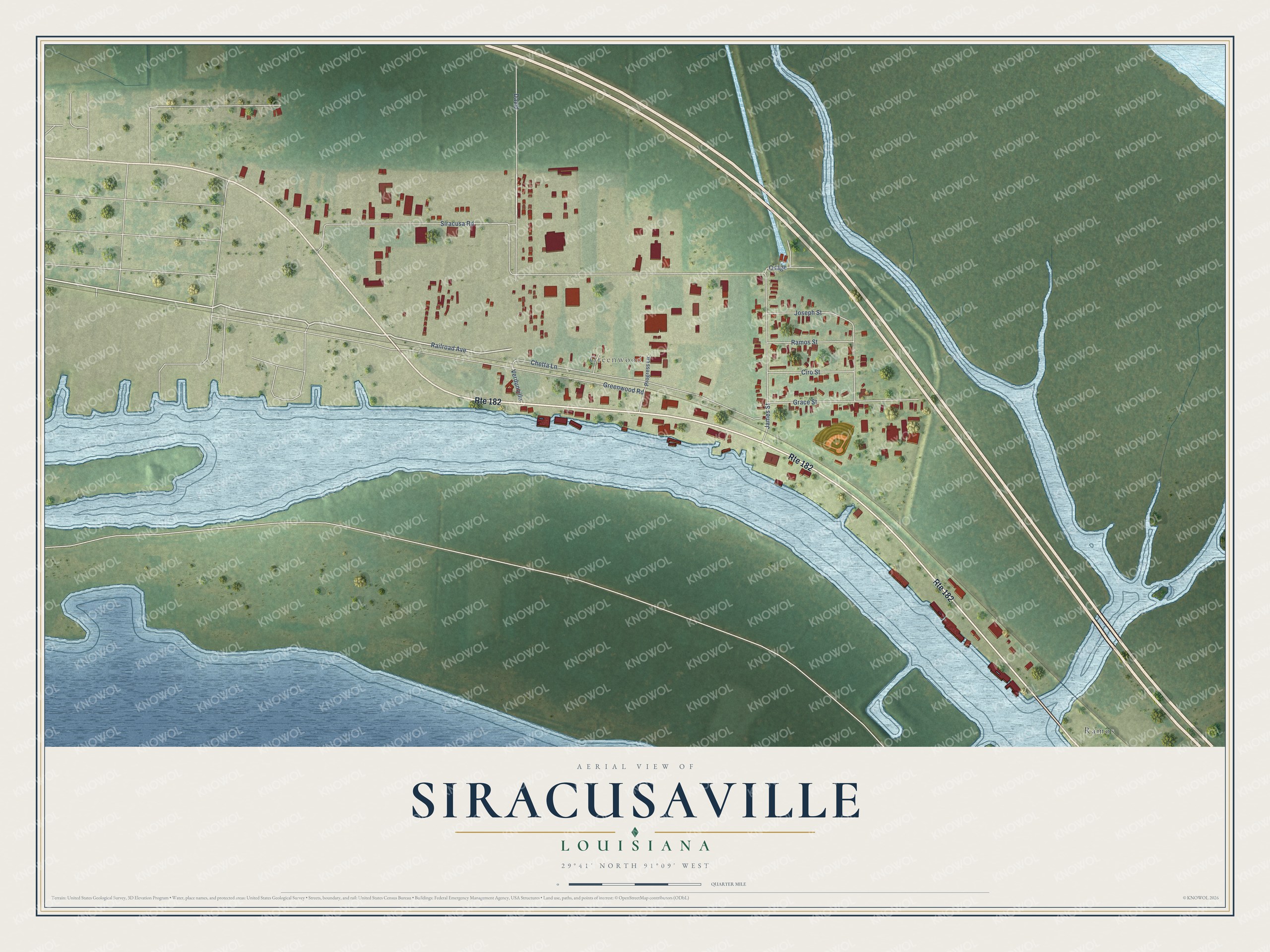 Full map of Siracusaville, Louisiana, with red buildings, printed street names and the land around them