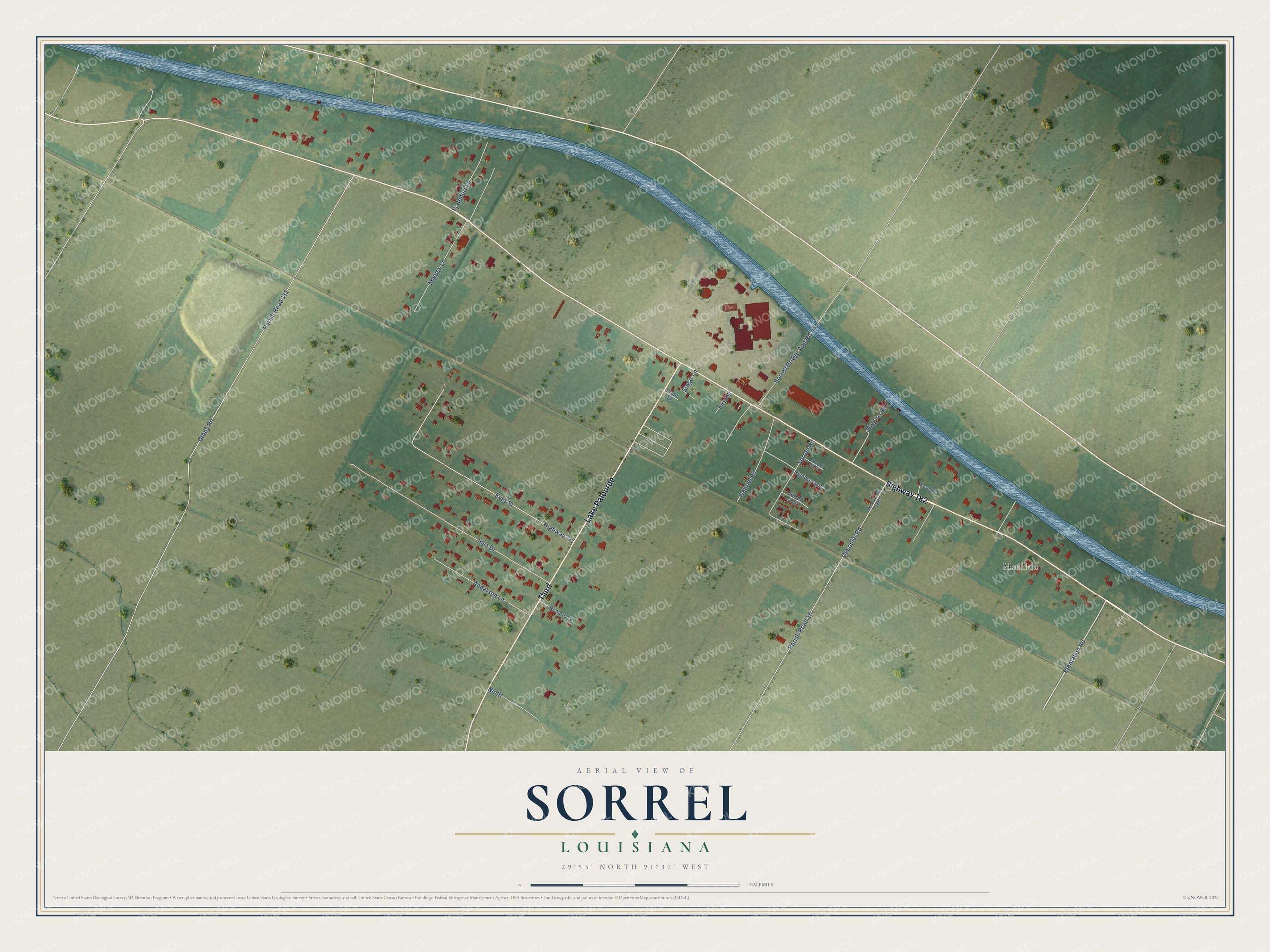 Full map of Sorrel, Louisiana, with red buildings, printed street names and the land around them