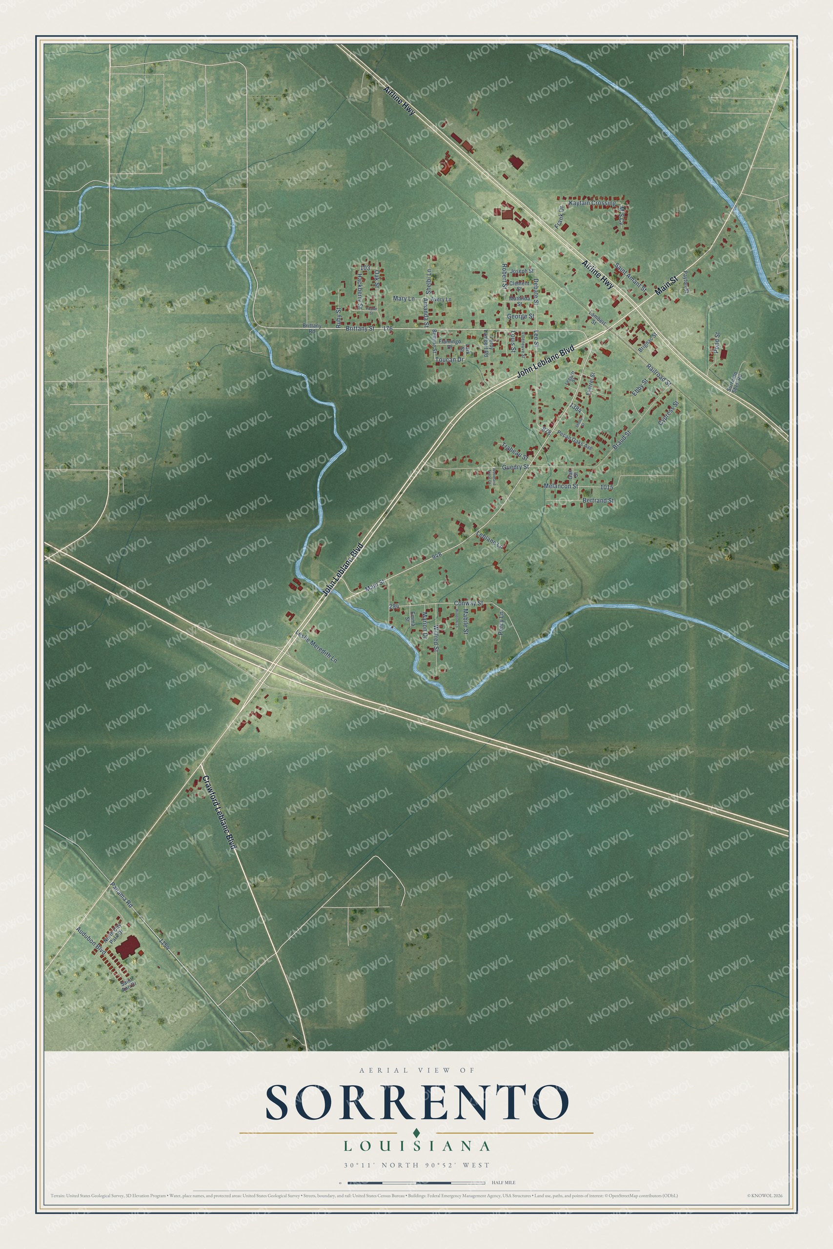 Full map of Sorrento, Louisiana, with red buildings, printed street names and the land around them