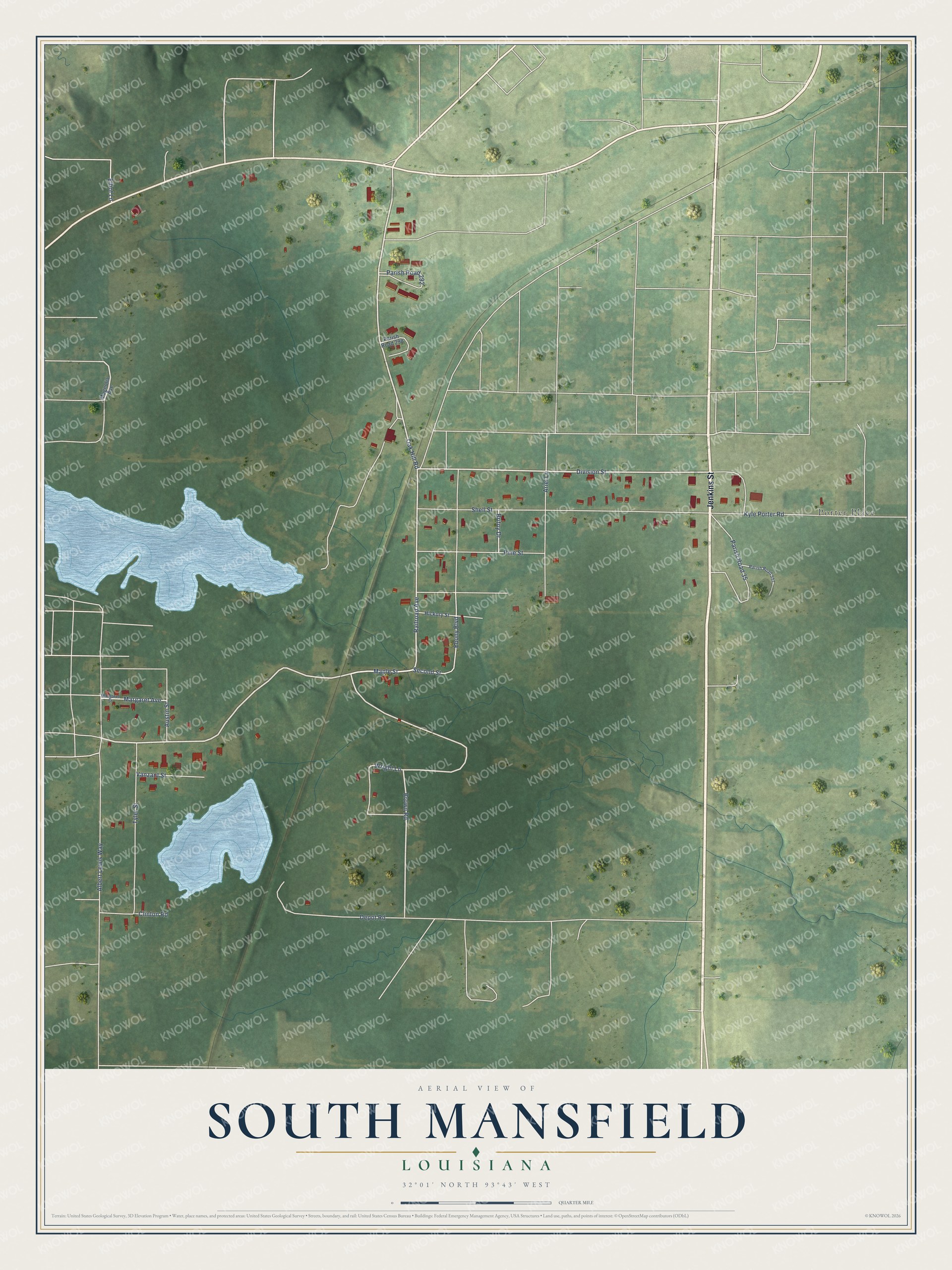 Full map of South Mansfield, Louisiana, with red buildings, printed street names and the land around them