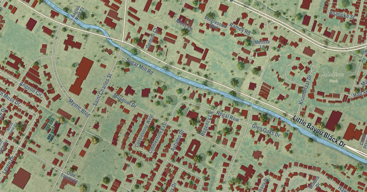 Close-up of streets and buildings in Southdown, Louisiana