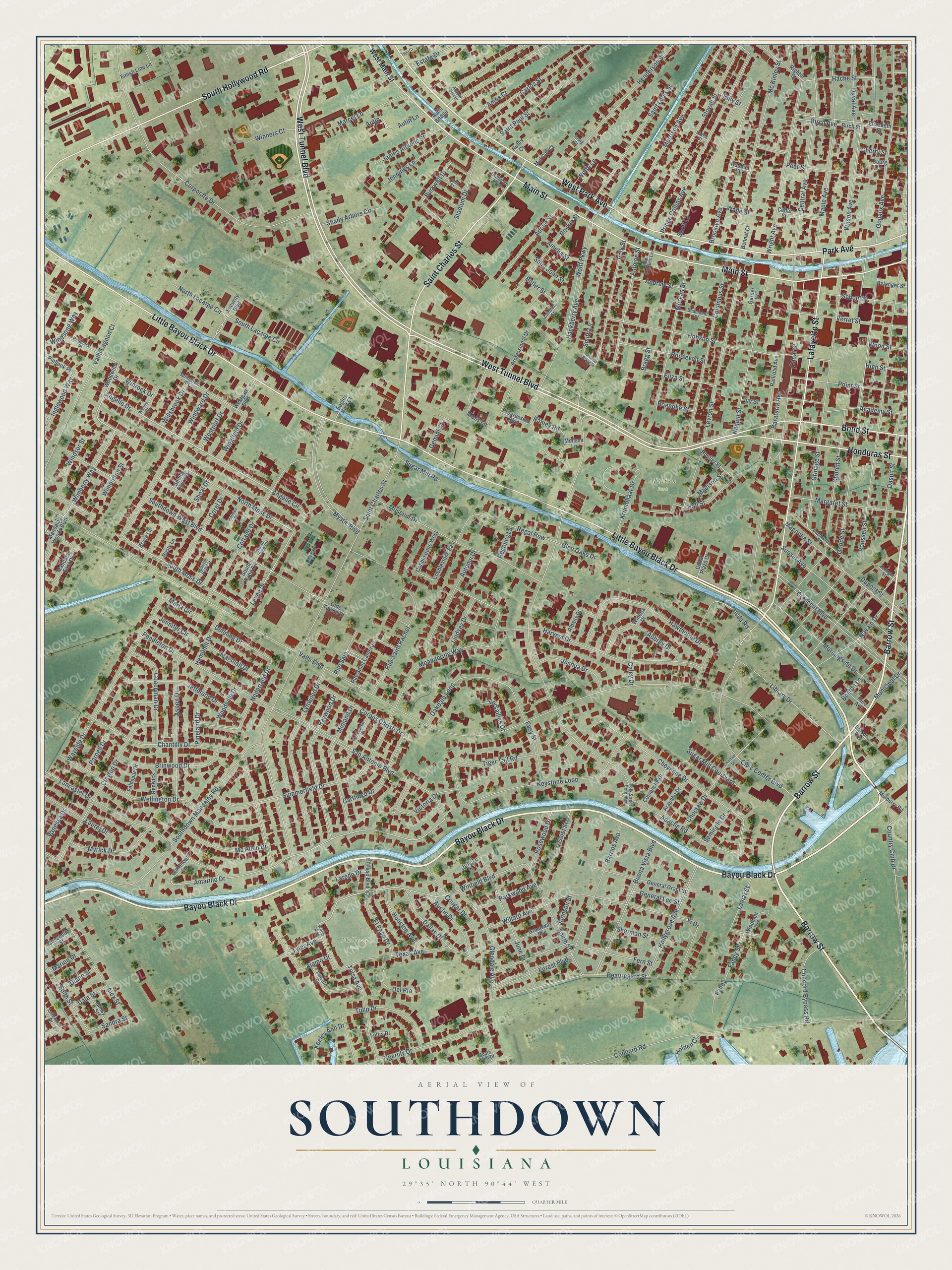 Full map of Southdown, Louisiana, with red buildings, printed street names and the land around them