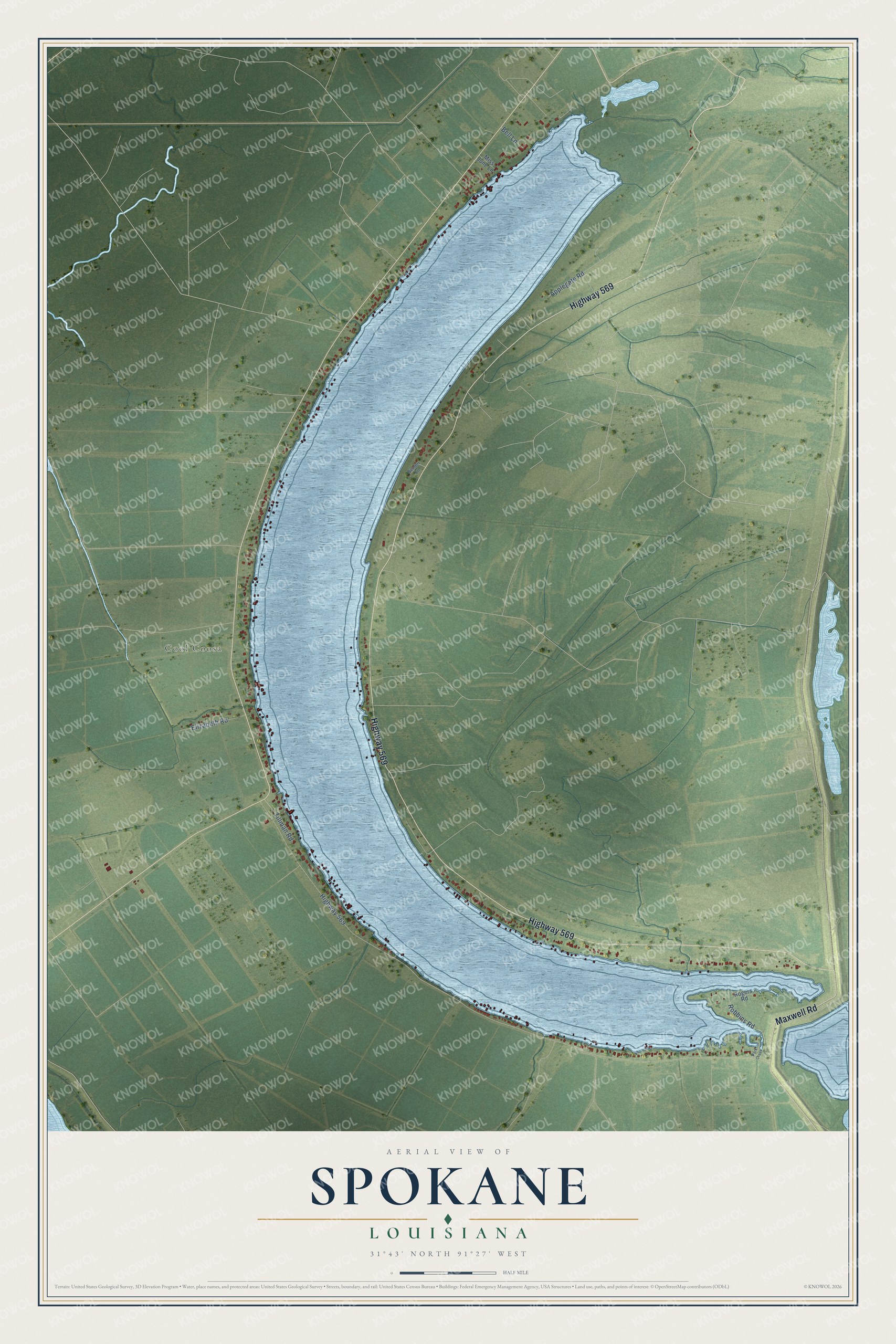 Full map of Spokane, Louisiana, with red buildings, printed street names and the land around them