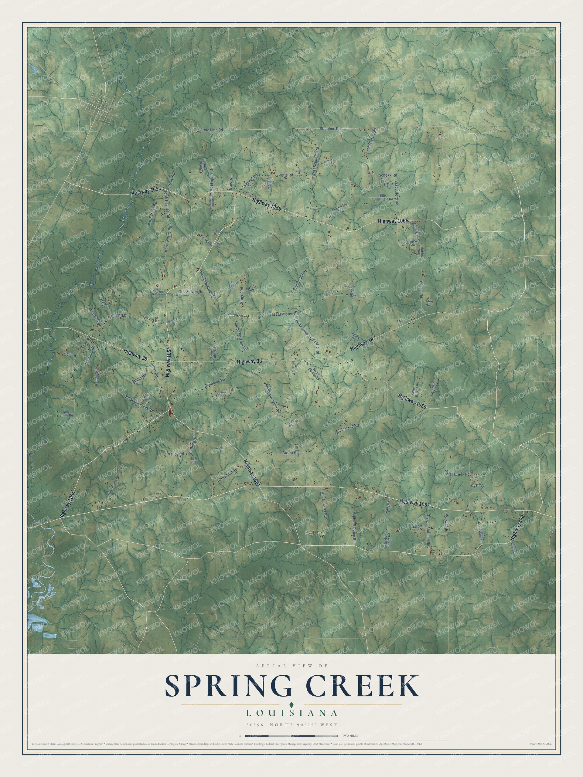 Full map of Spring Creek, Louisiana, with red buildings, printed street names and the land around them