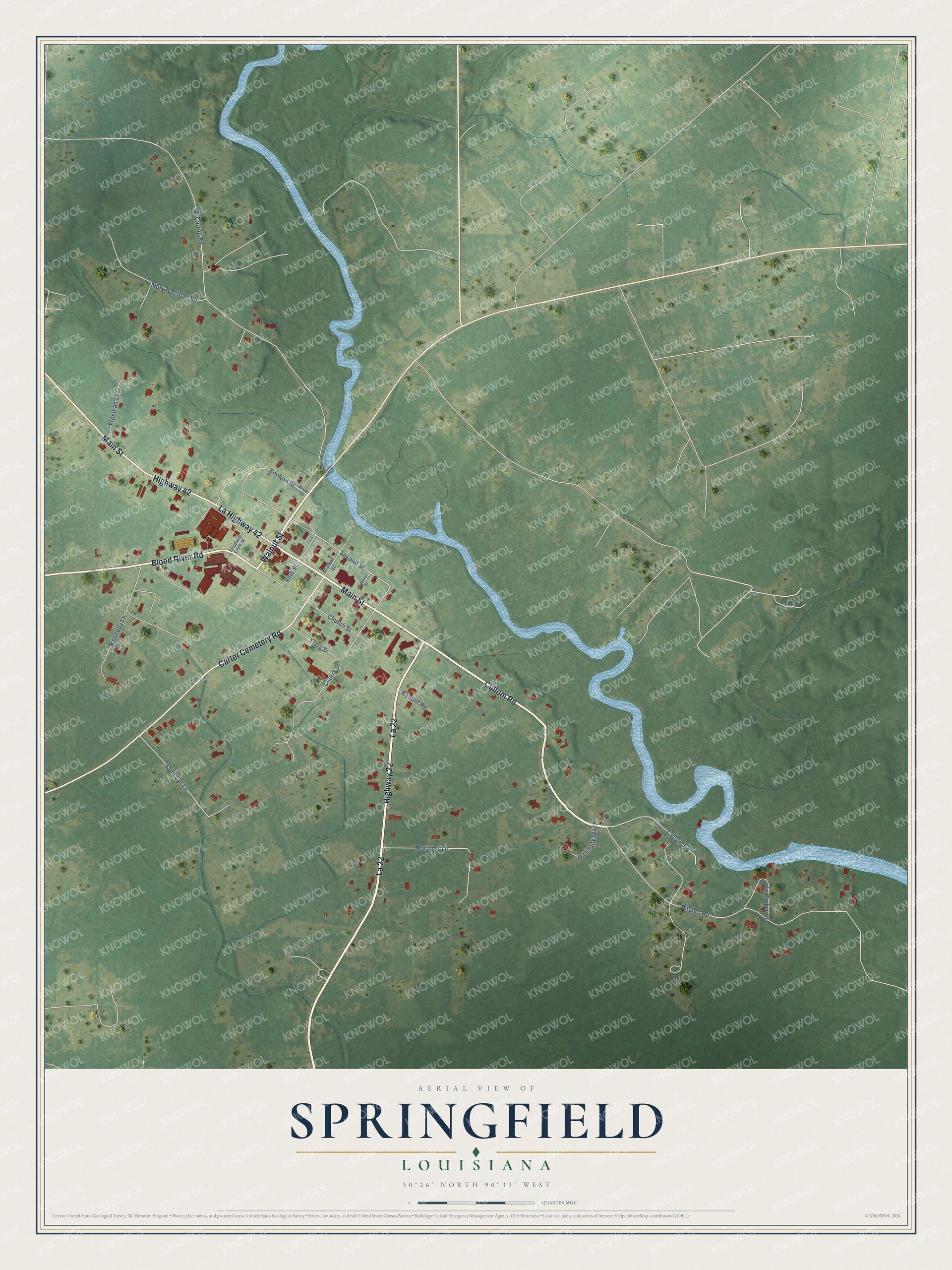 Full map of Springfield, Louisiana, with red buildings, printed street names and the land around them