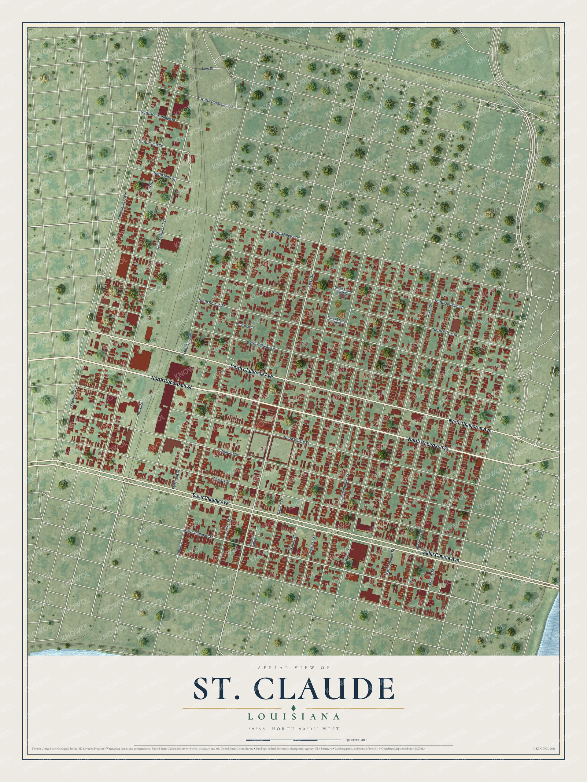 Full map of St. Claude, Louisiana, with red buildings, printed street names and the land around them